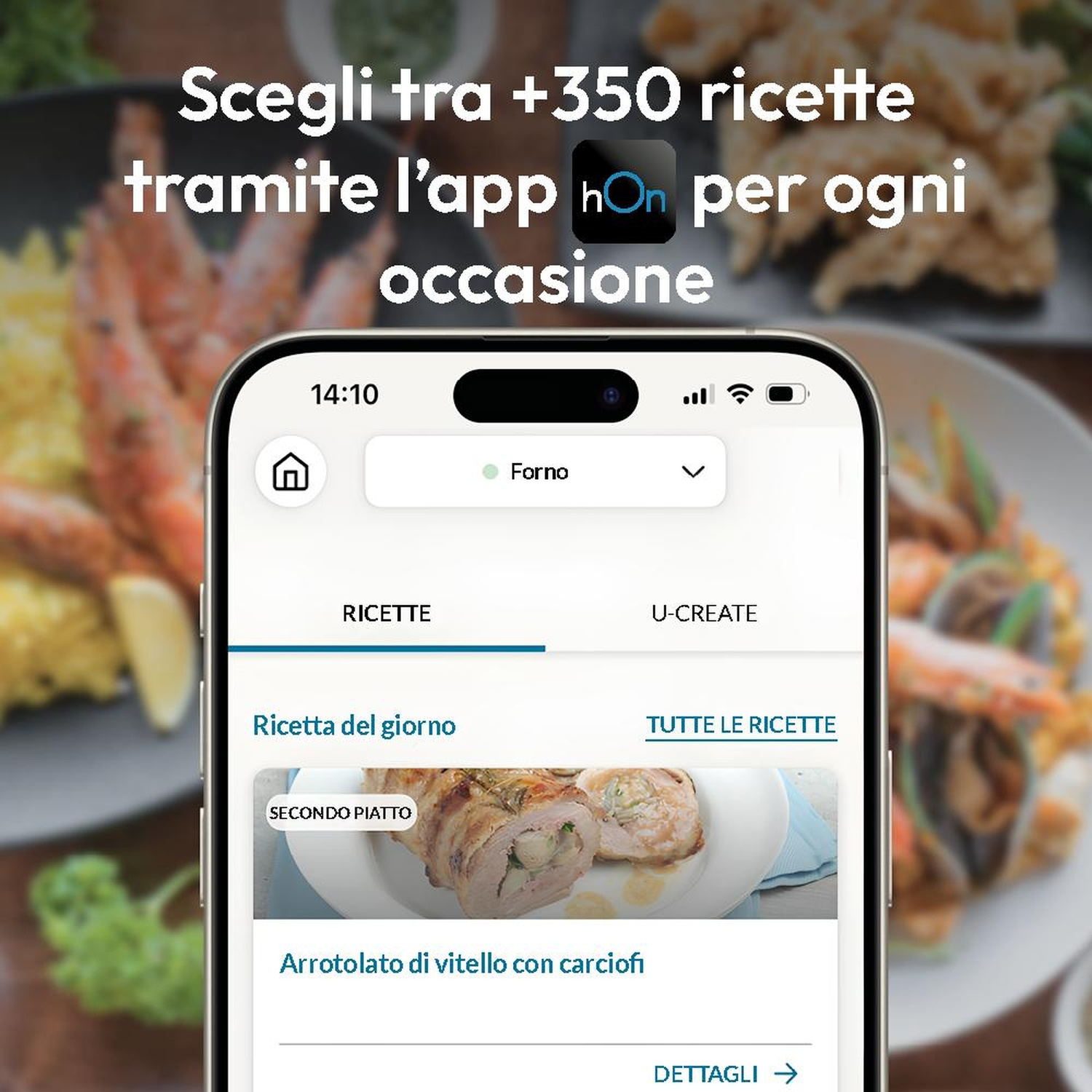 Schermata app con suggerimenti ricette come 'Arrotolato di vitello con carciofi'.