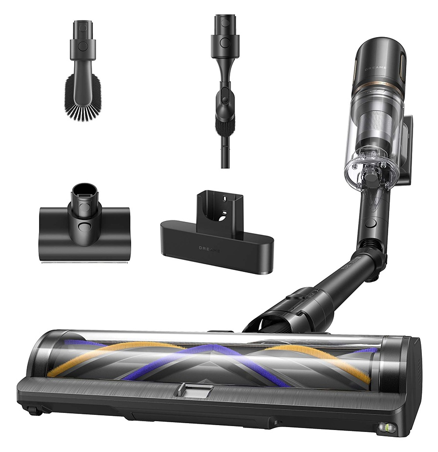 Odkurzacz bezprzewodowy z akcesoriami: szczotka podłogowa, narzędzia, uchwyt ścienny.