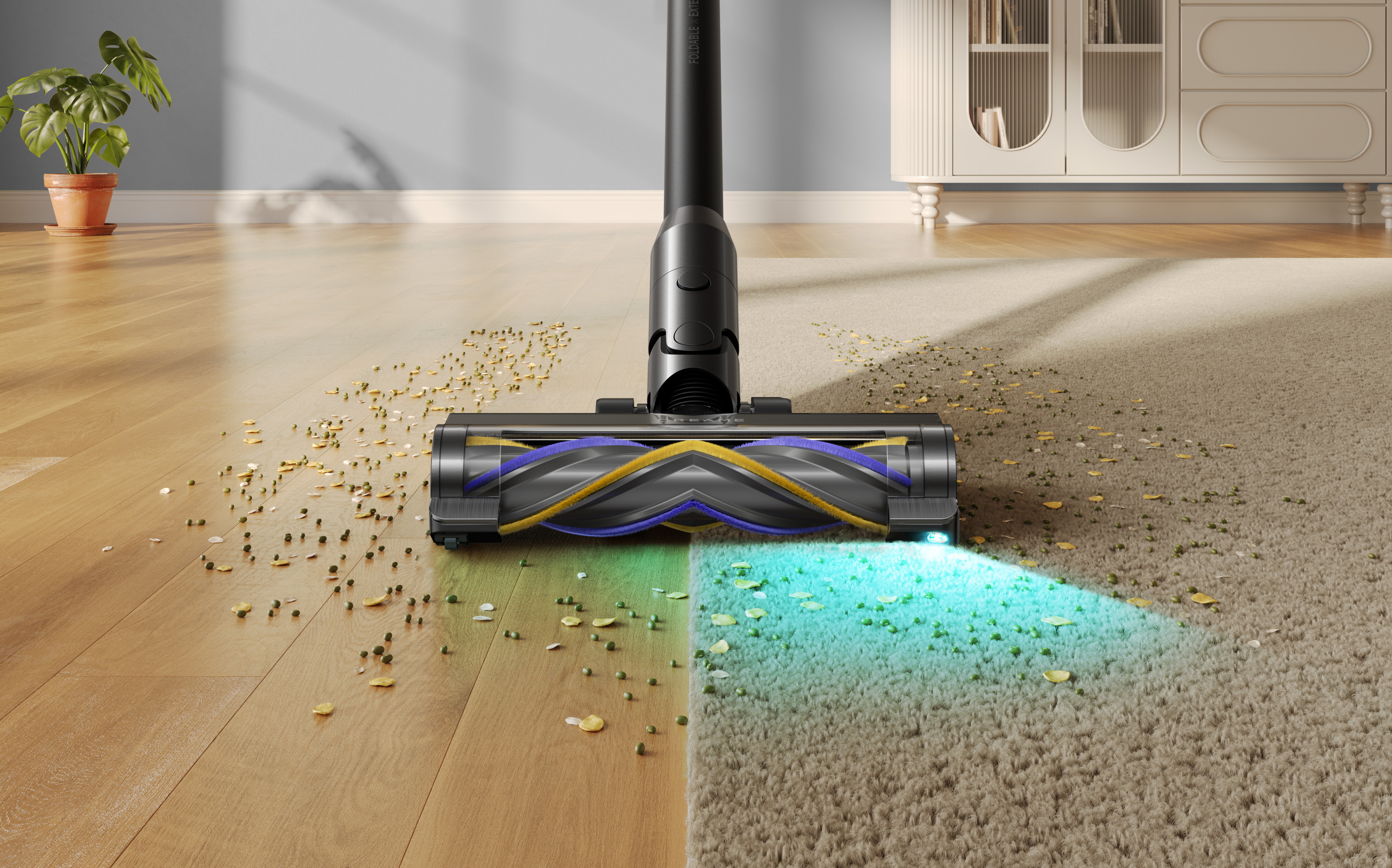 Głowica odkurzacza czyści dywan i drewnianą podłogę z zanieczyszczeń.