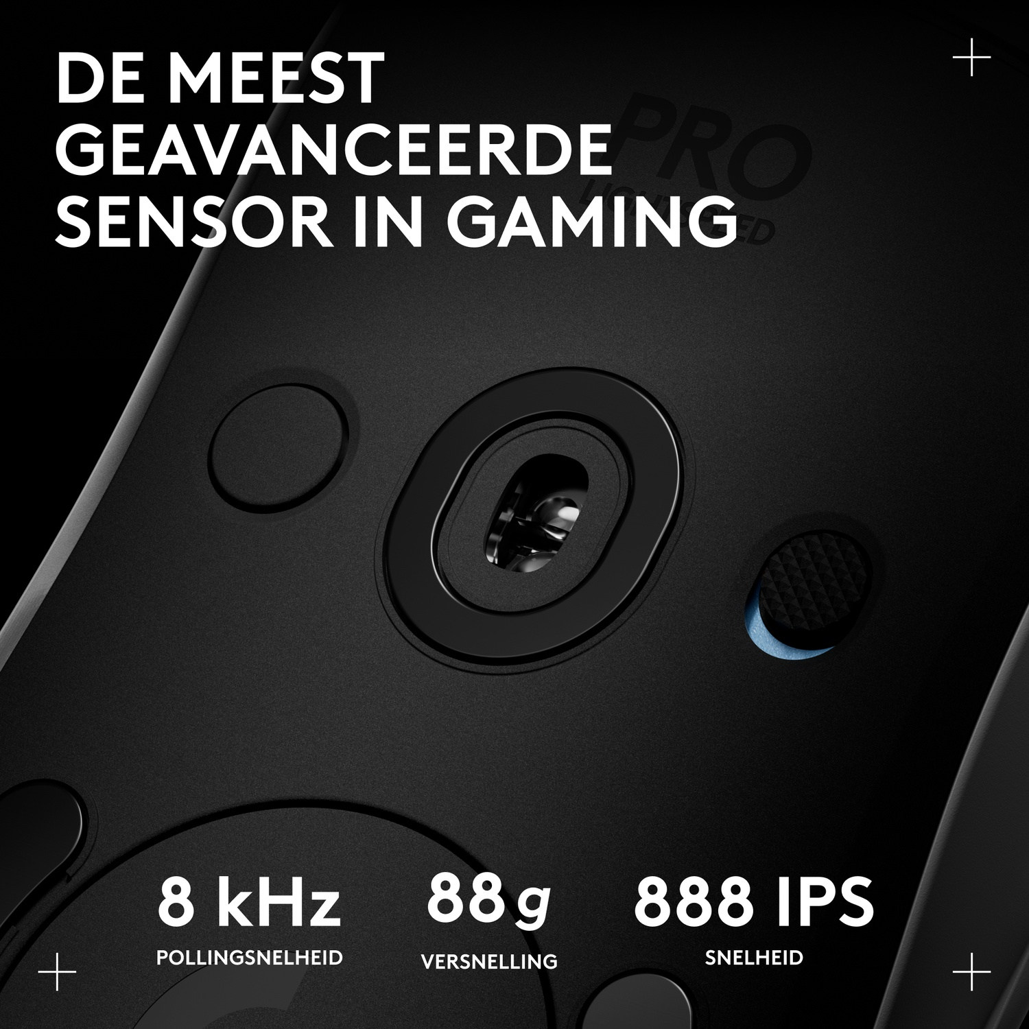 Zwarte gamingmuis met tekst: "DE MEEST GEAVANCEERDE SENSOR IN GAMING".