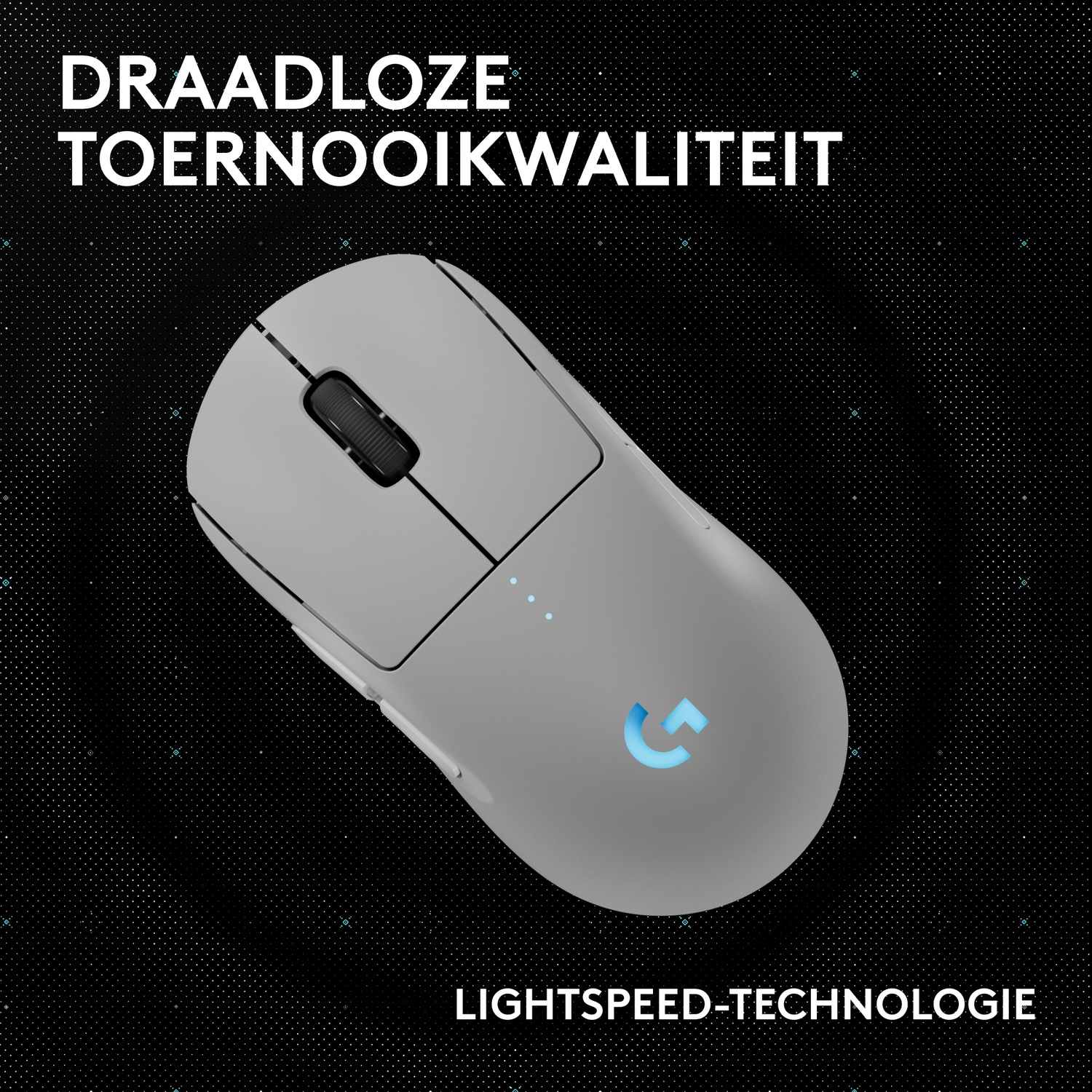 Grijze draadloze gamingmuis met blauw logo op zwarte achtergrond.