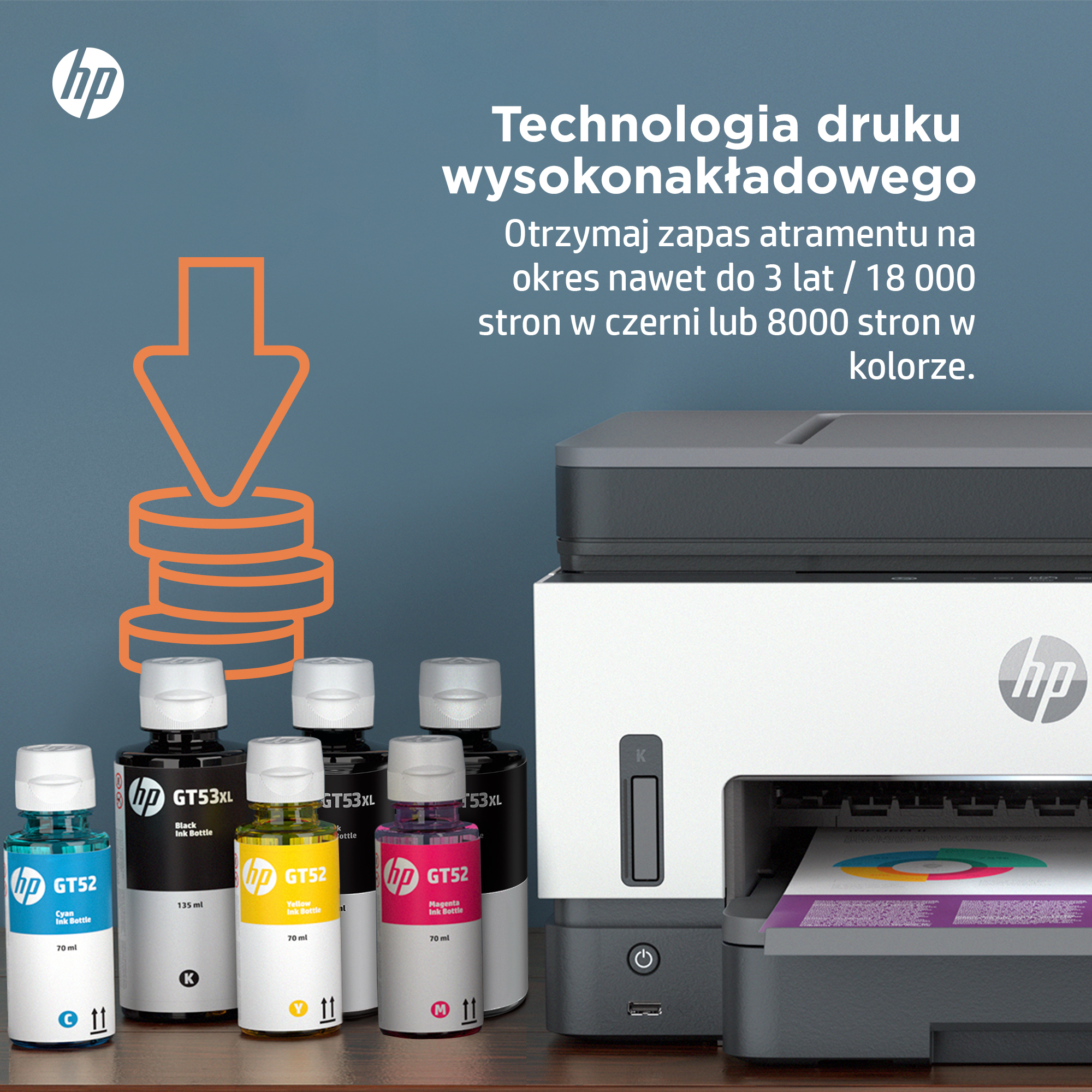 Drukarka HP z butelkami tuszu w kolorach: cyjan, żółty, magenta i czarny.