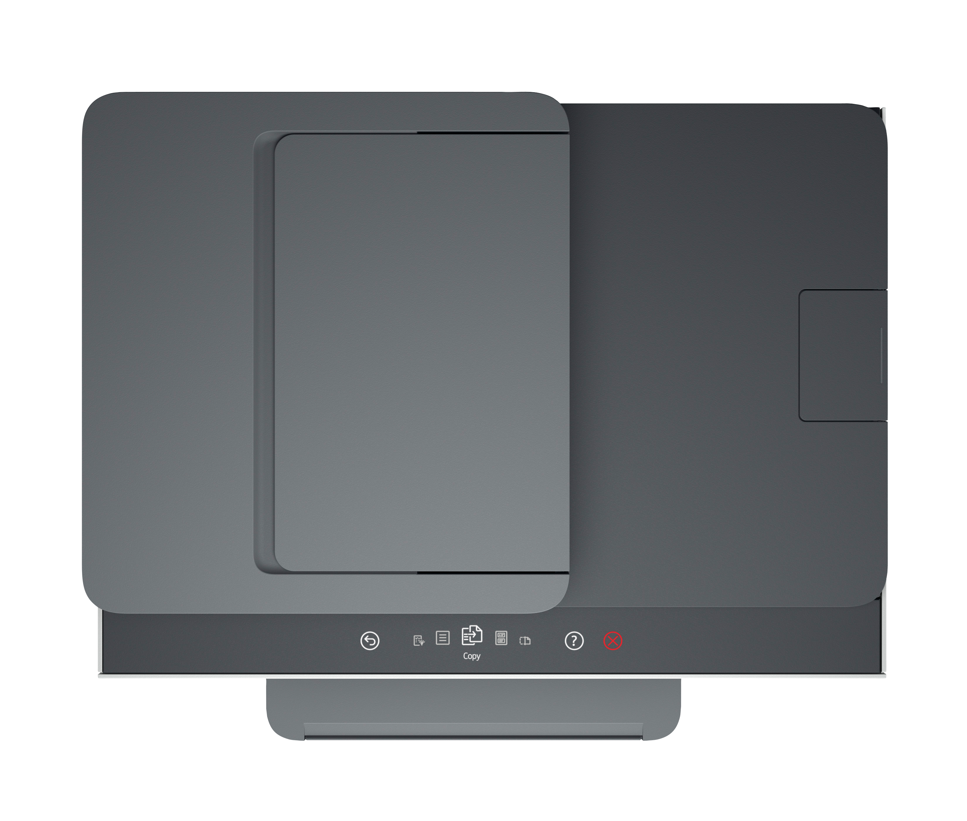 Szara drukarka z panelem sterowania i ikonami.