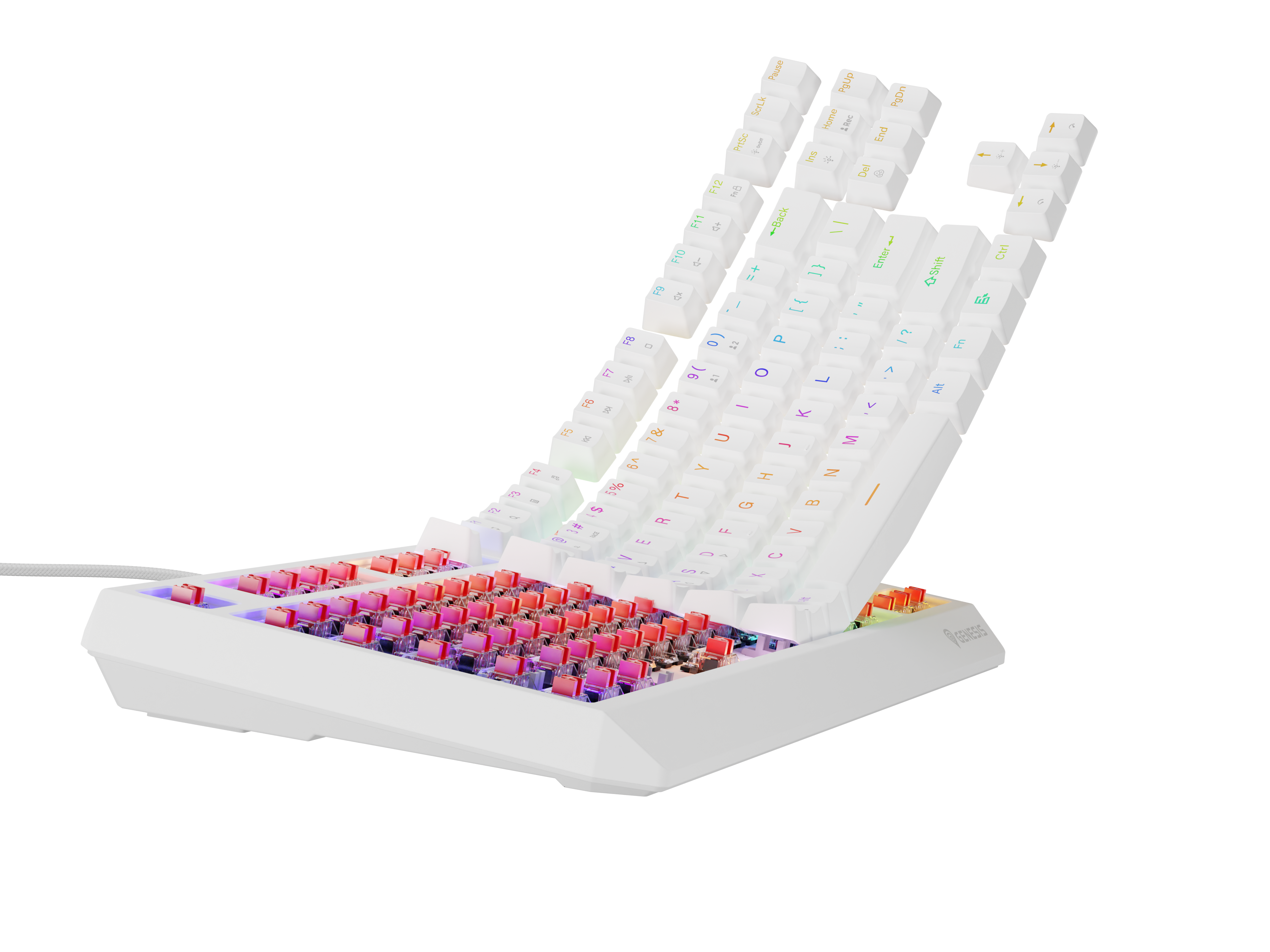 Biała klawiatura gamingowa z czerwonymi klawiszami i kolorowym podświetleniem RGB.