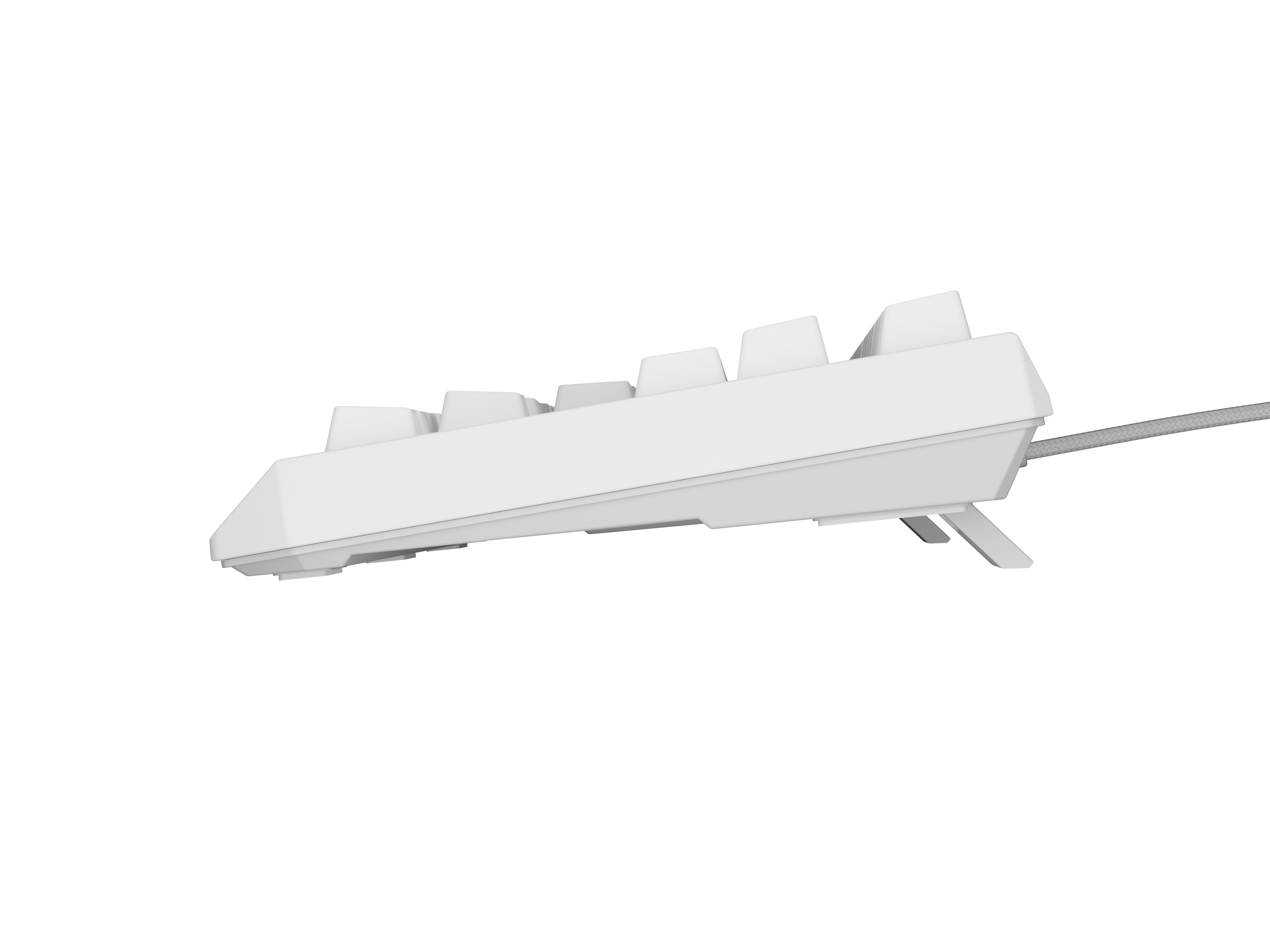 Biała klawiatura z kablem na czarnym tle.