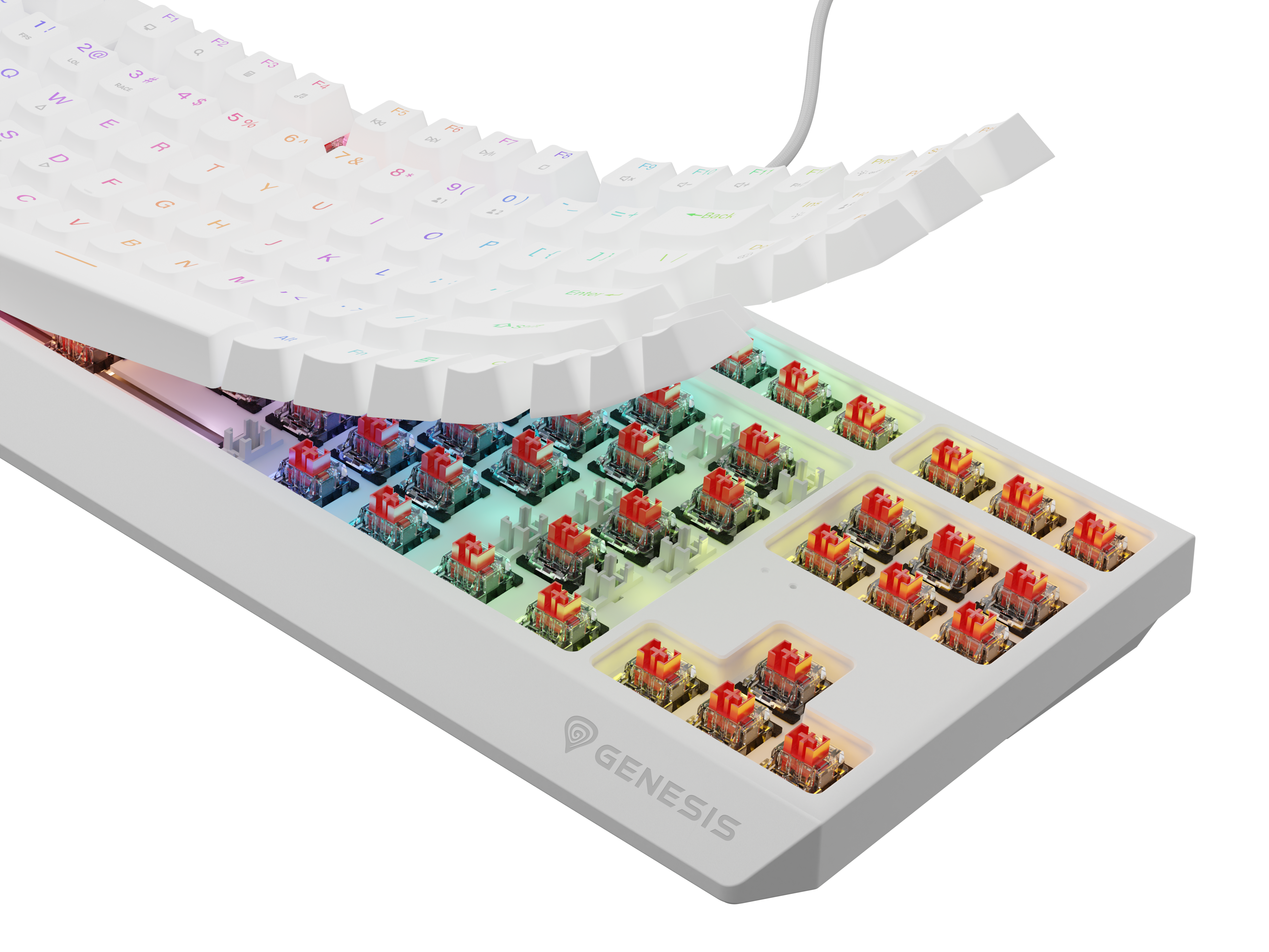 Biała klawiatura gamingowa z czerwonymi przełącznikami i podświetleniem RGB.