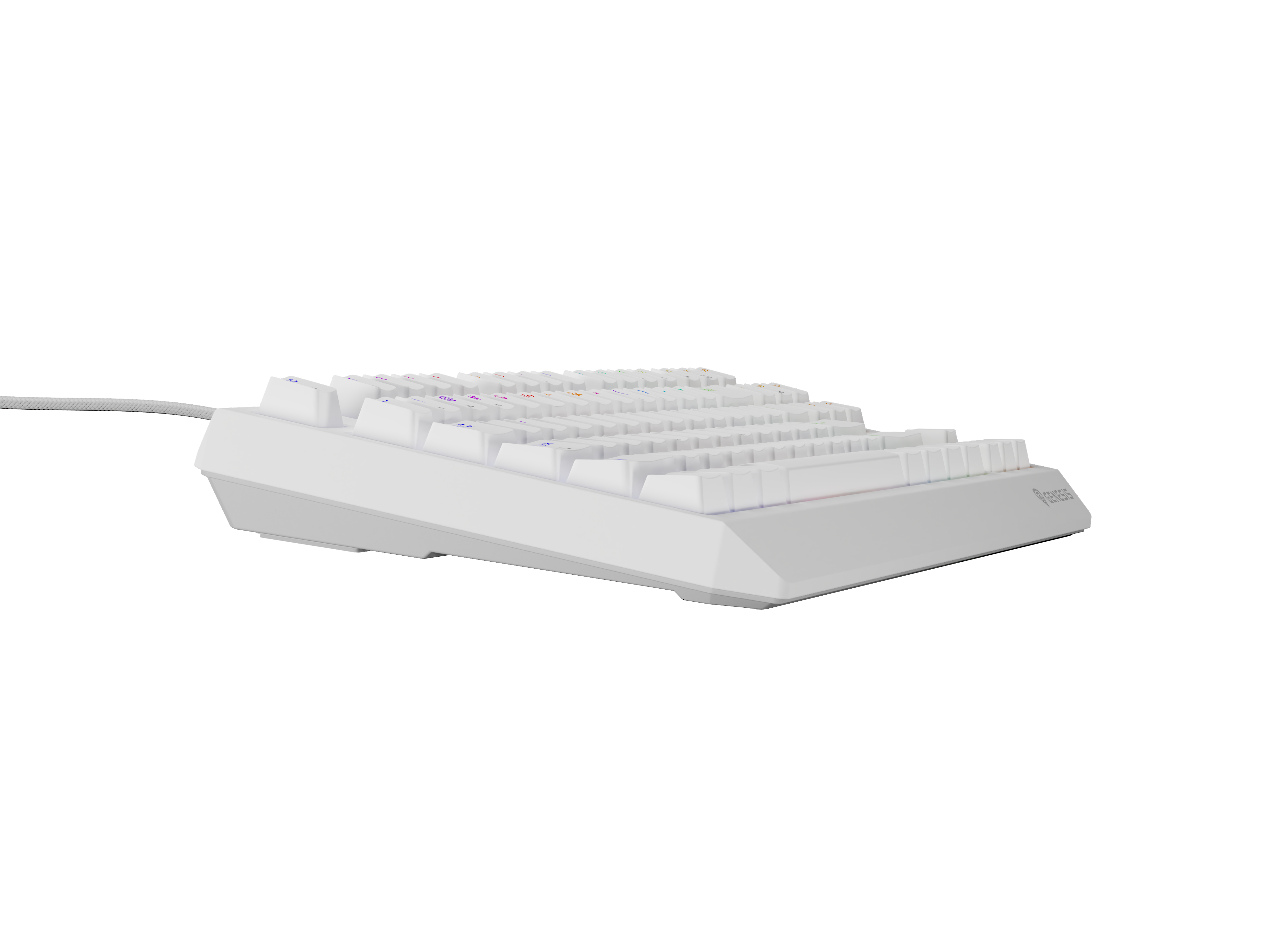 Biała klawiatura mechaniczna widziana z boku z białym kablem.