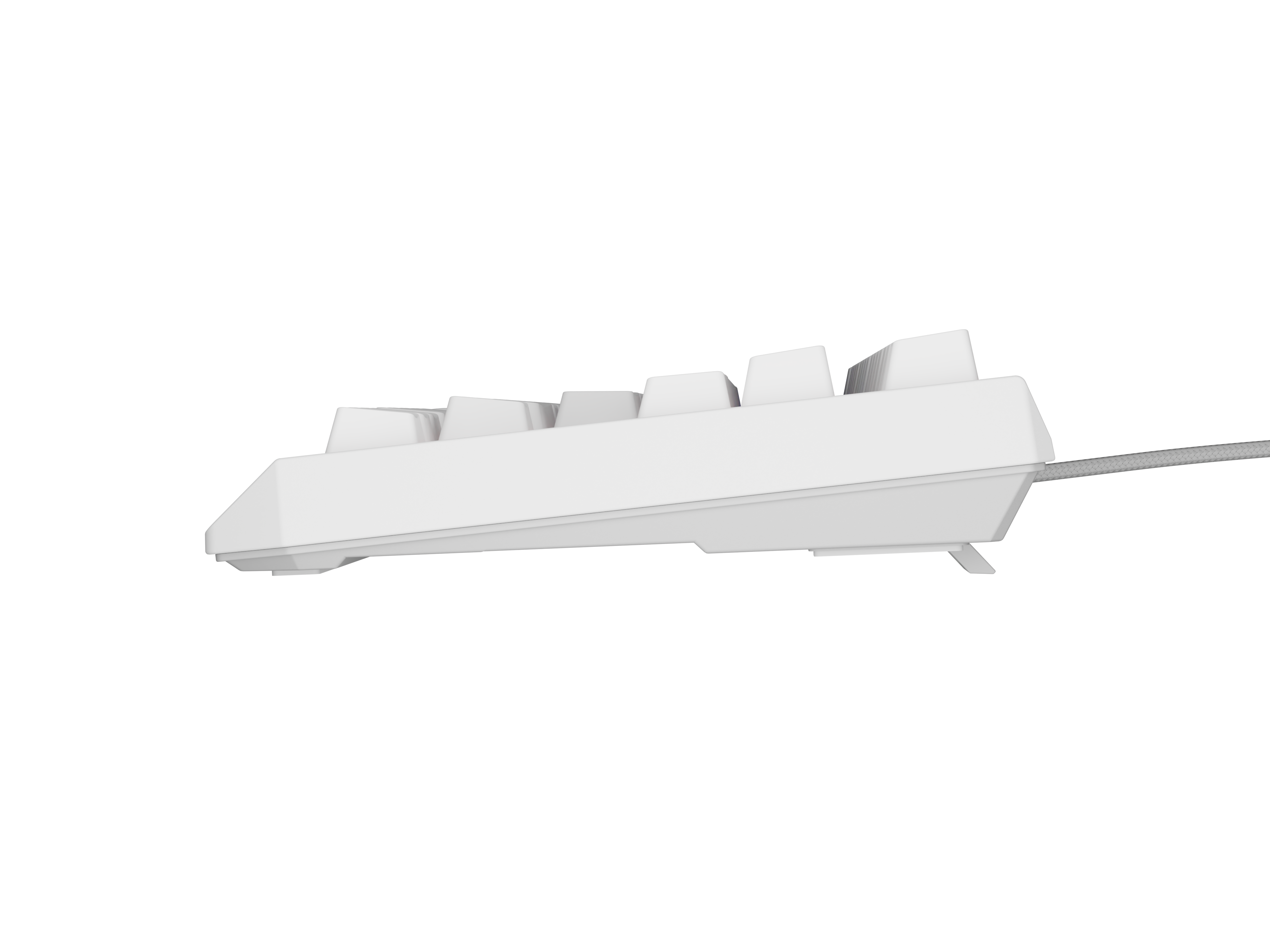 Biała klawiatura z szarym kablem, widziana z boku.