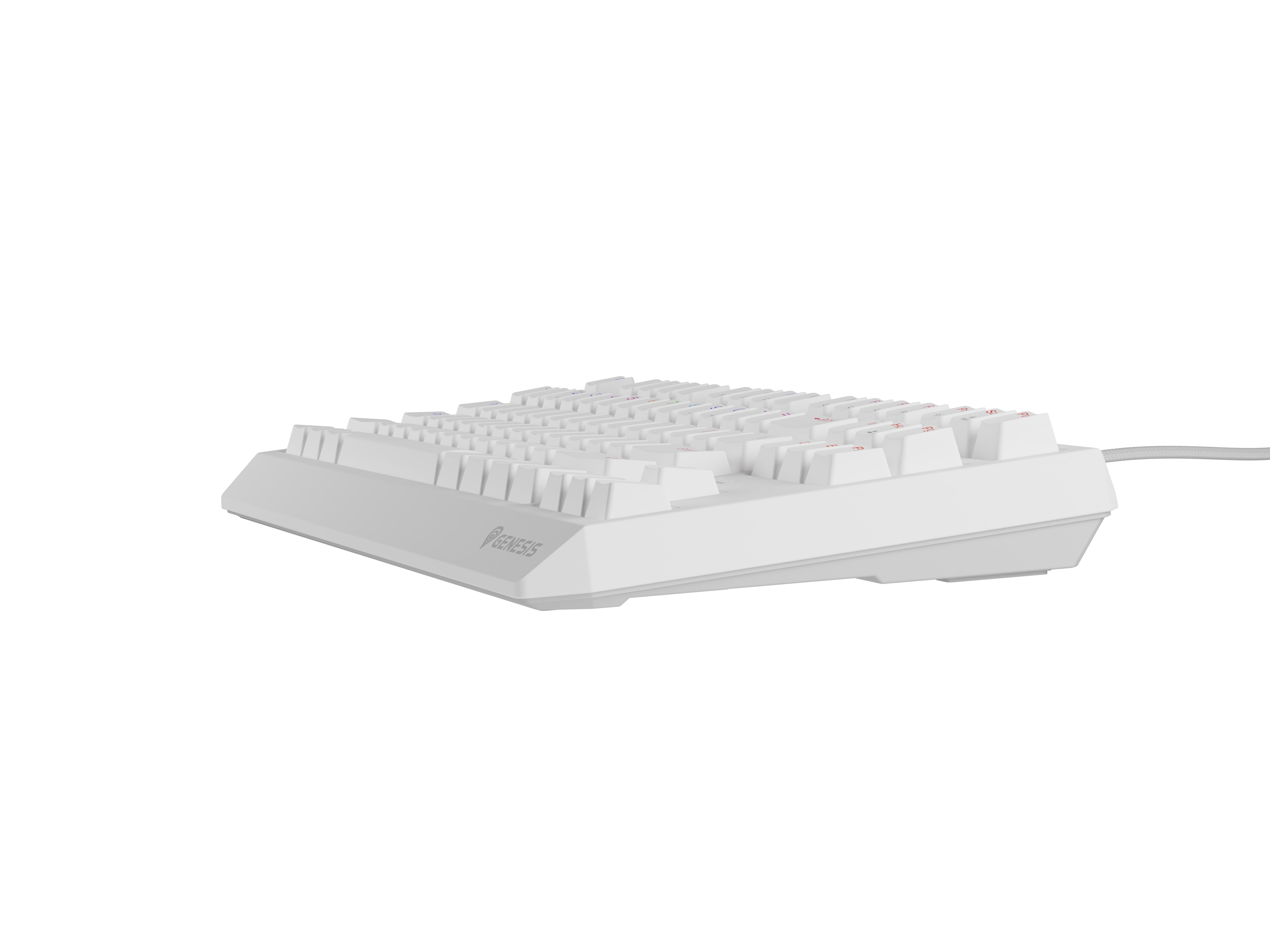 Biała klawiatura z czerwonymi klawiszami akcentującymi na czarnym tle.