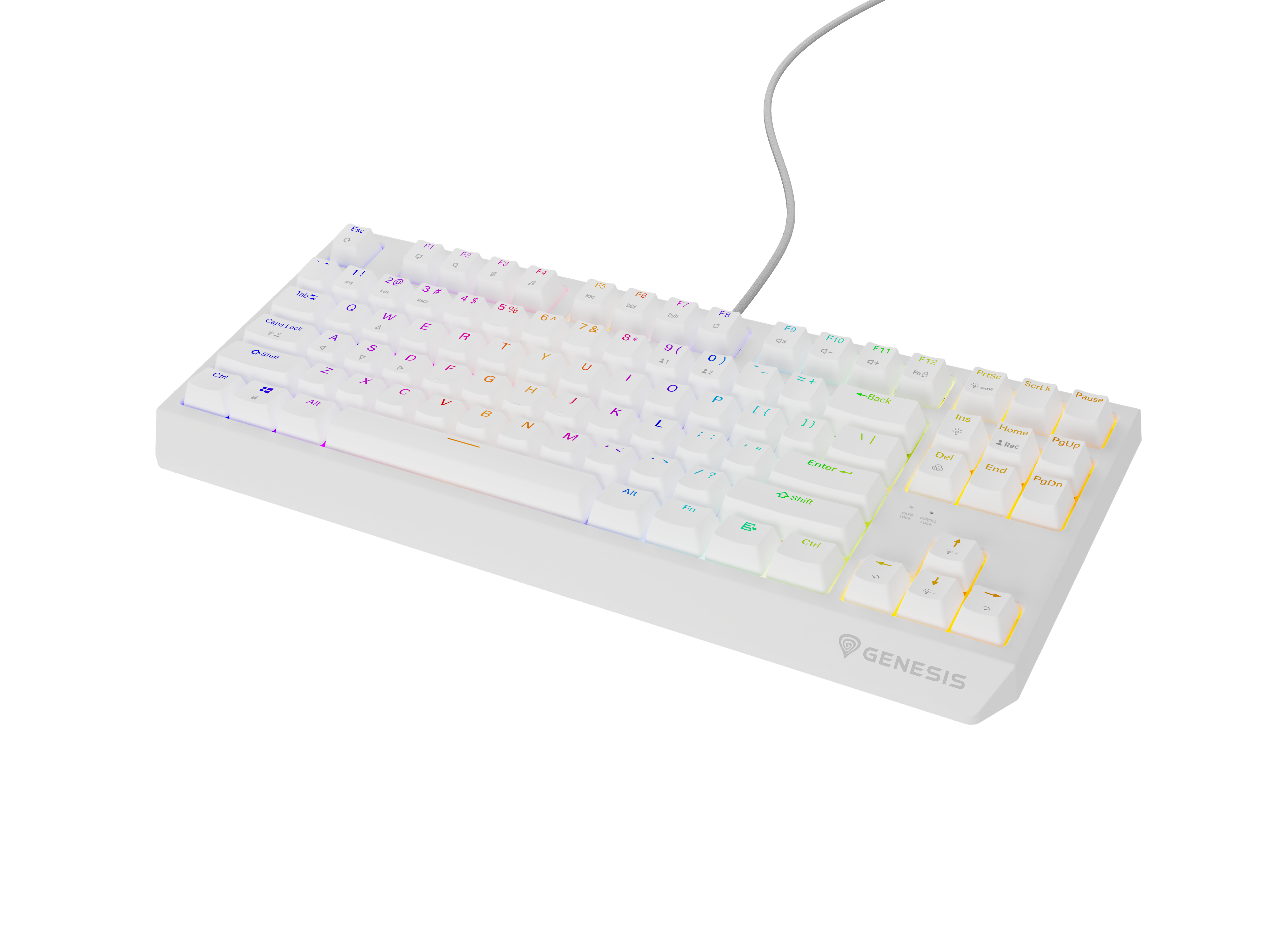 Biała klawiatura z kolorowymi podświetlanymi klawiszami na czarnym tle.