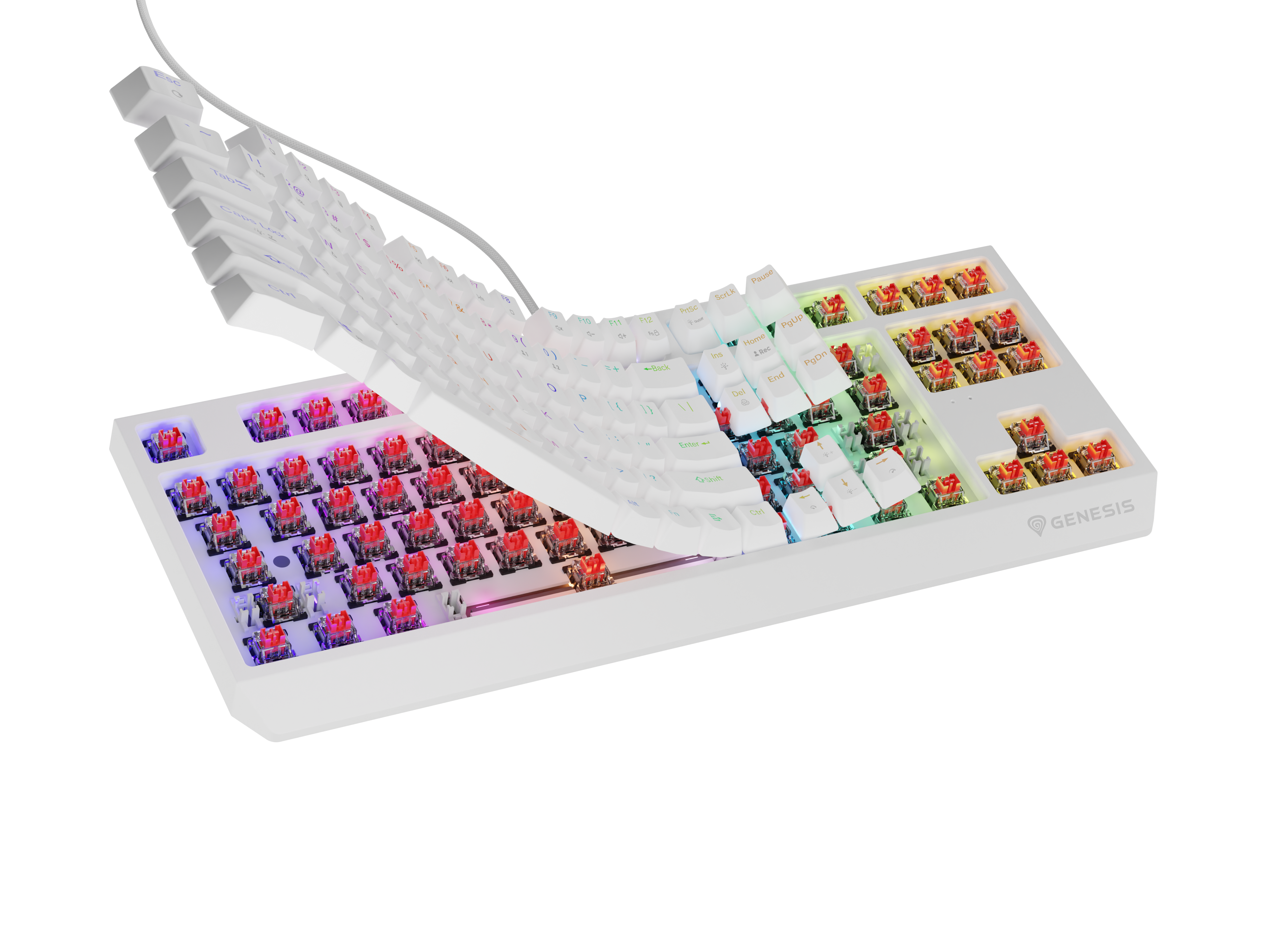 Biała klawiatura z czerwonymi przełącznikami i oświetleniem RGB.