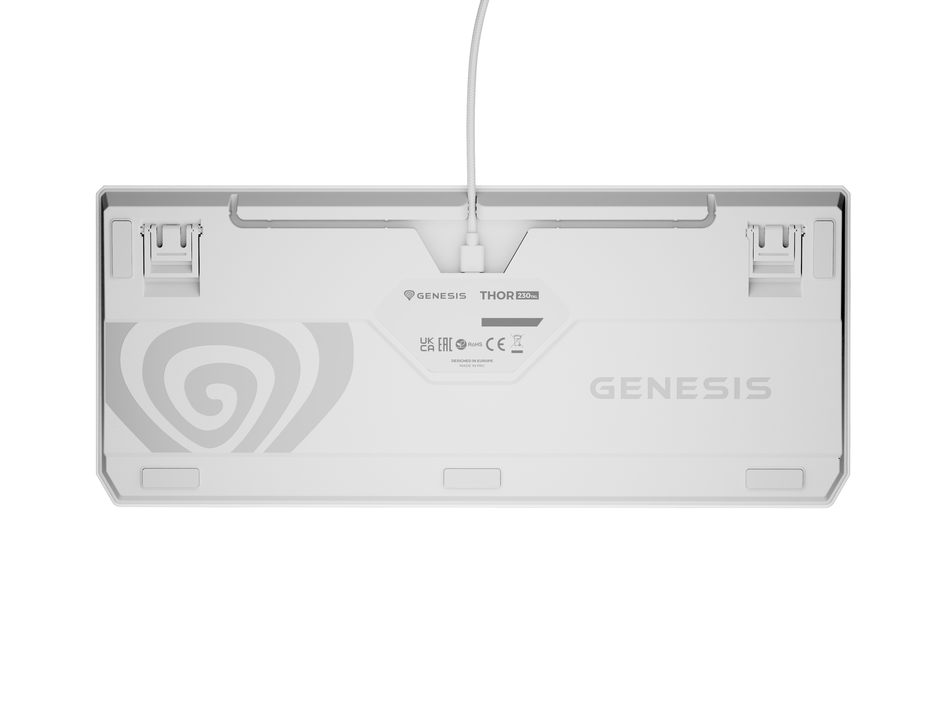 Biały tył klawiatury z kablem i logo.