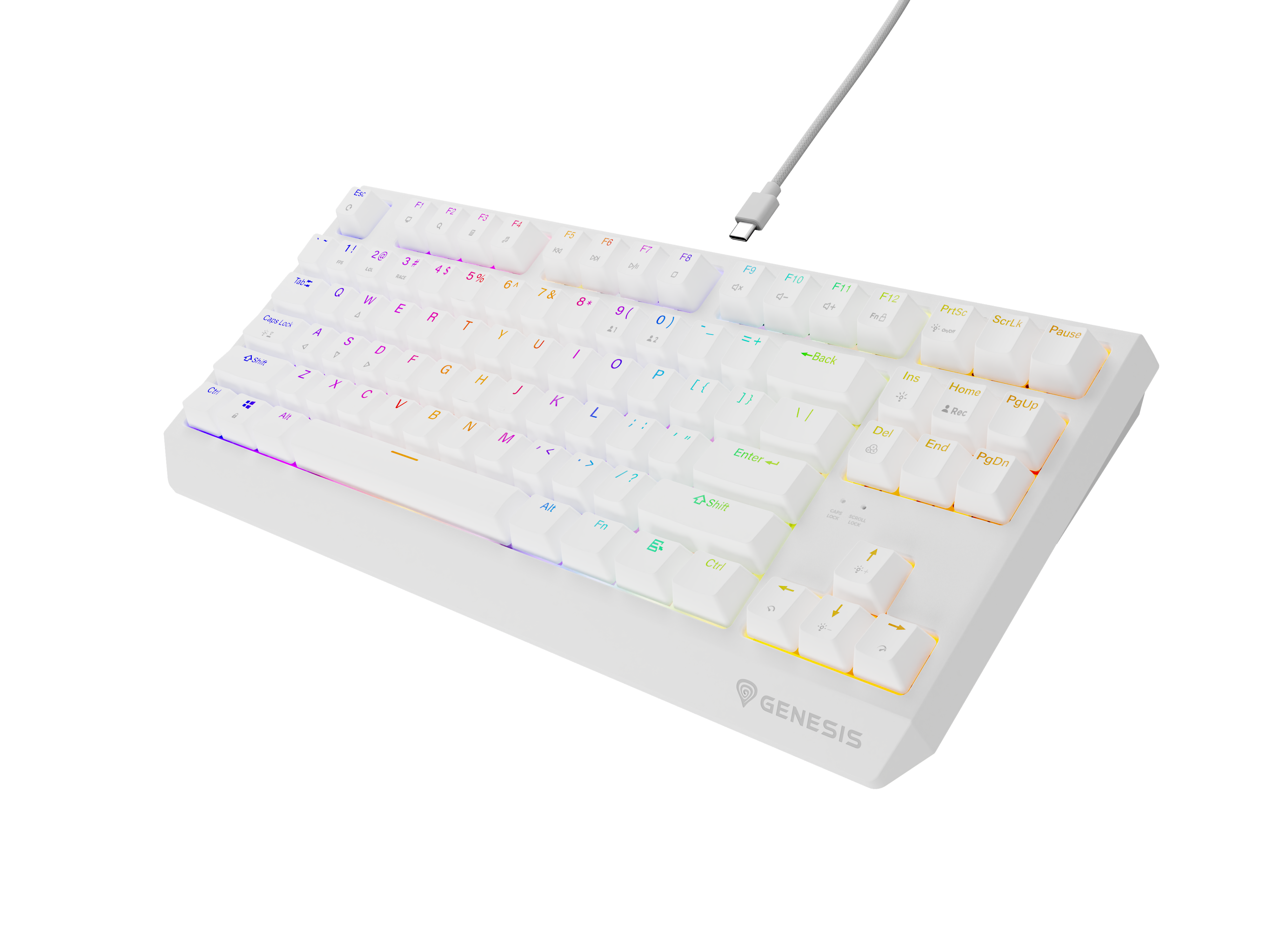 Biała klawiatura gamingowa z podświetleniem RGB i kablem USB-C.