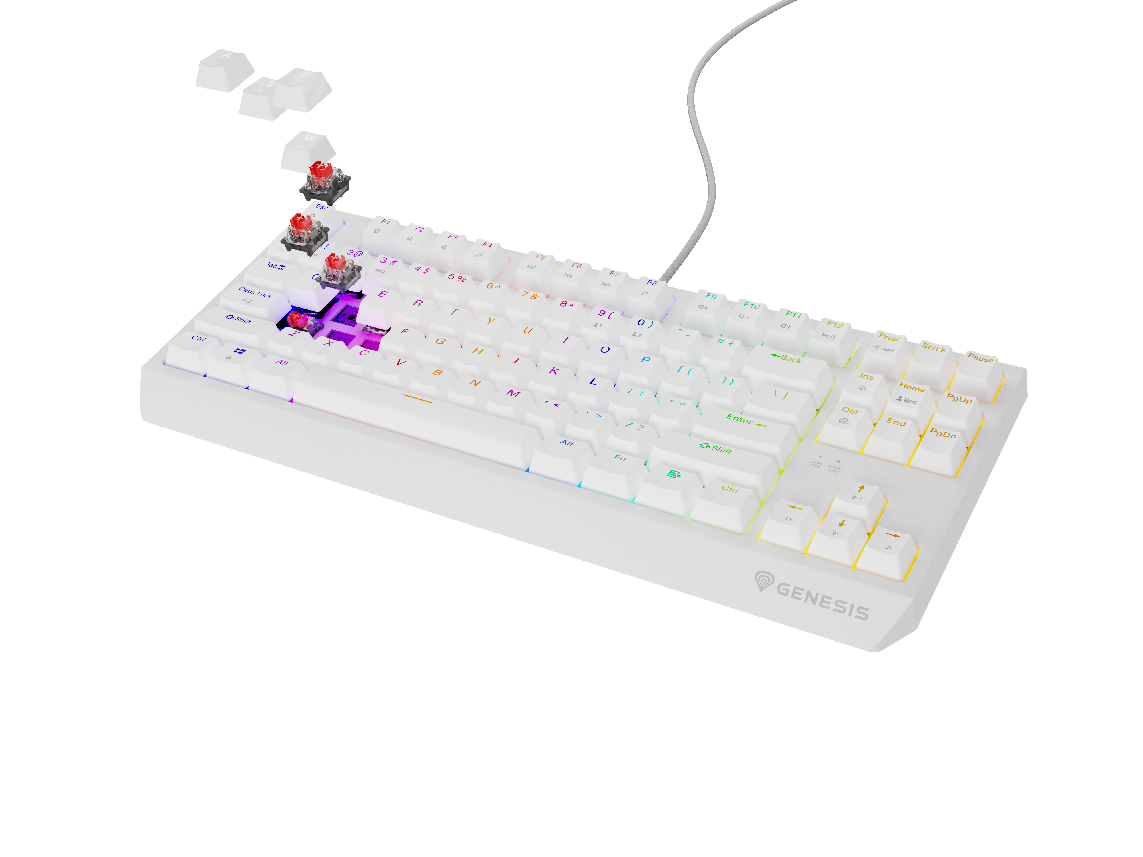 Biała klawiatura gamingowa Genesis z podświetleniem RGB i czerwonymi przełącznikami.
