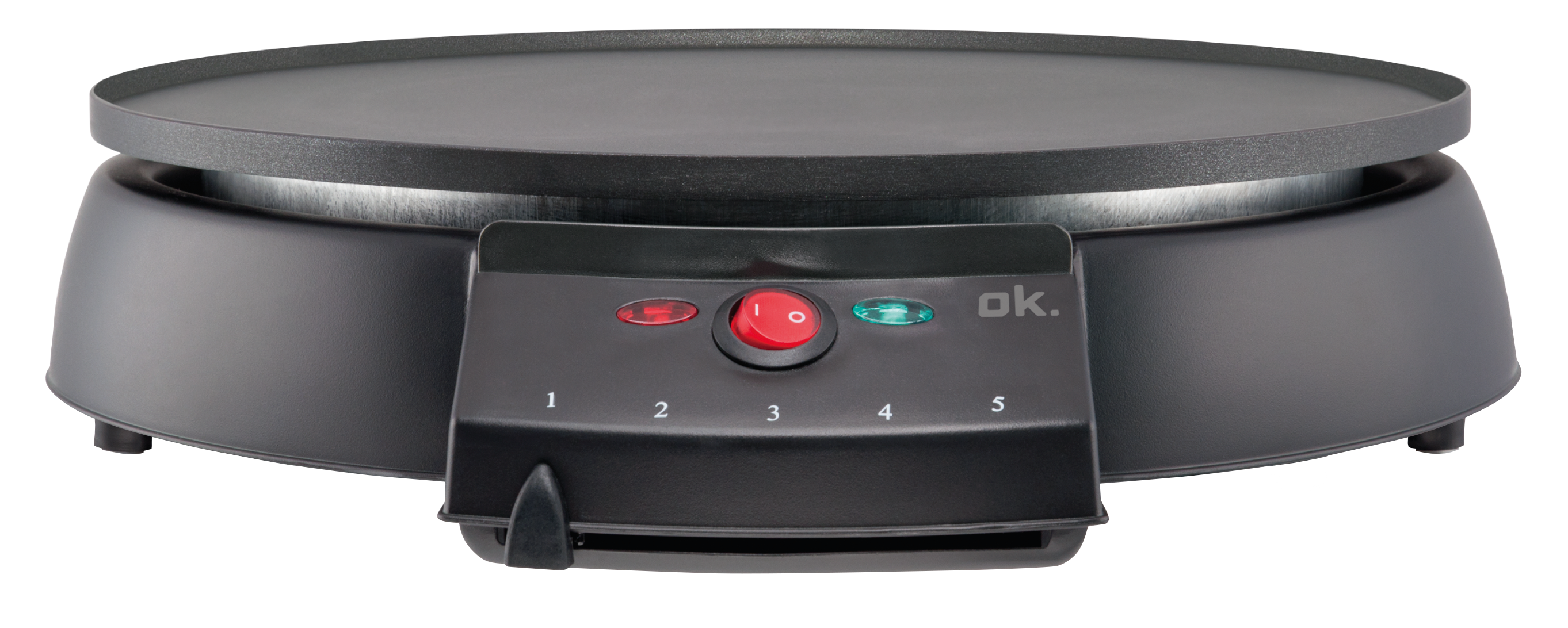 Czarna elektryczna patelnia do naleśników z czerwonym włącznikiem.