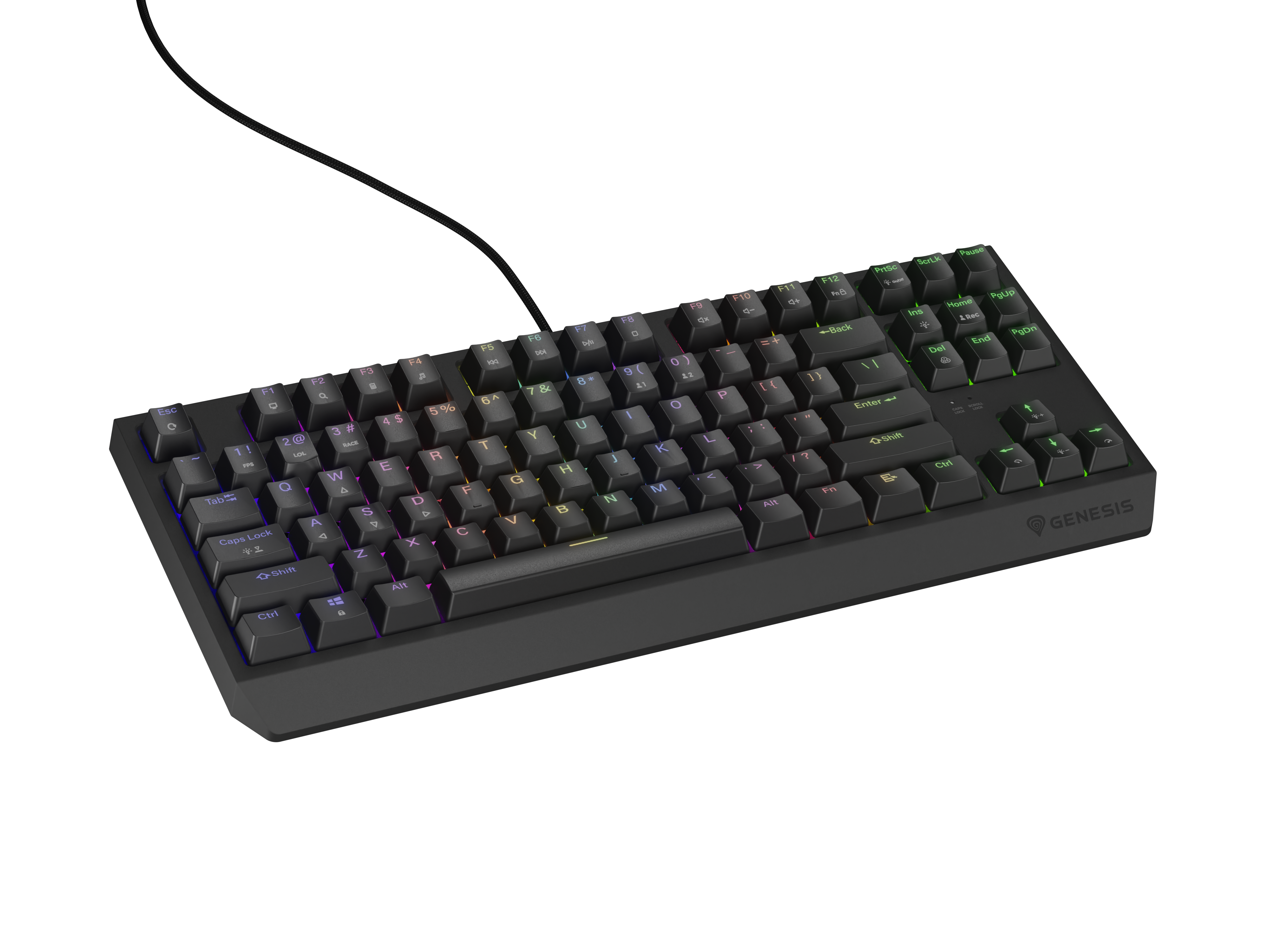 Czarna klawiatura gamingowa z podświetleniem RGB na czarnym tle.