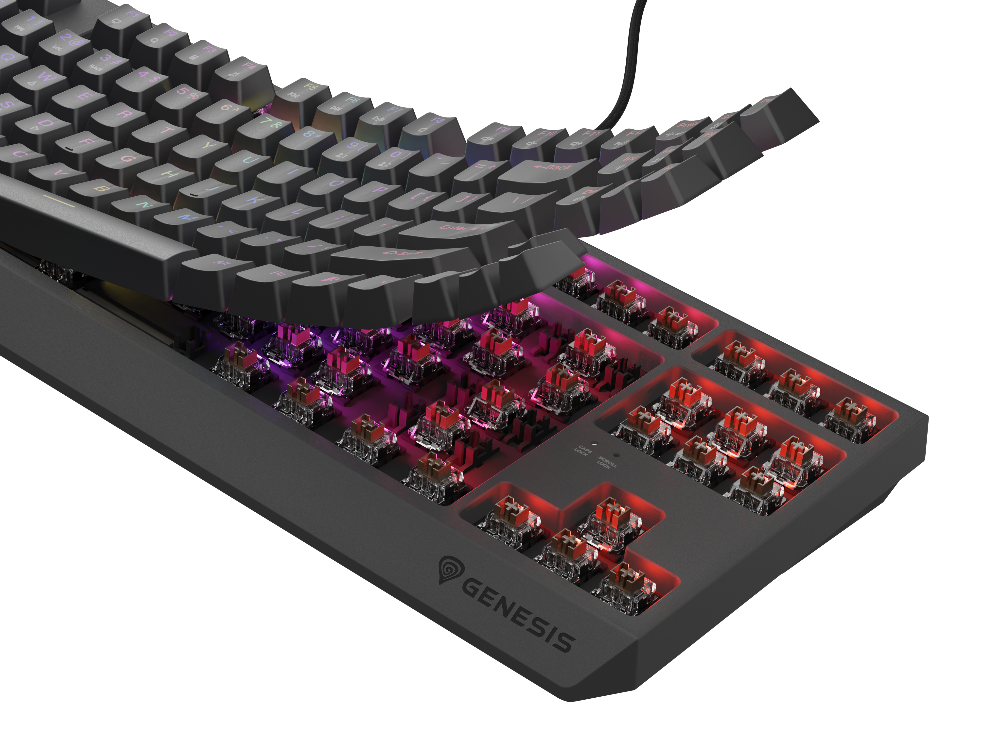 Czarna klawiatura gamingowa z widocznymi czerwonymi przełącznikami i podświetleniem RGB.