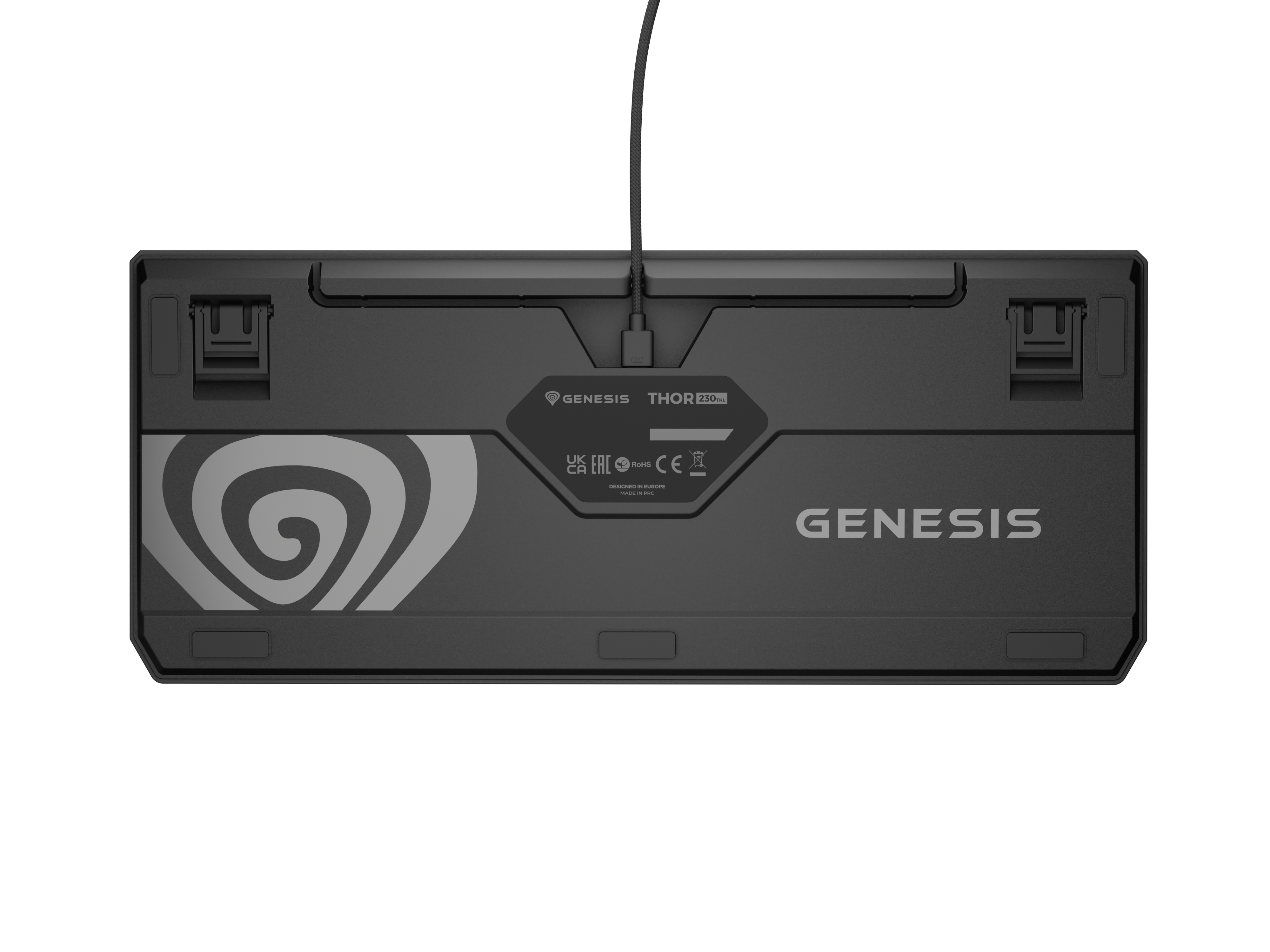 Tył czarnej klawiatury Genesis Thor 230 TKL z logo i certyfikatami.