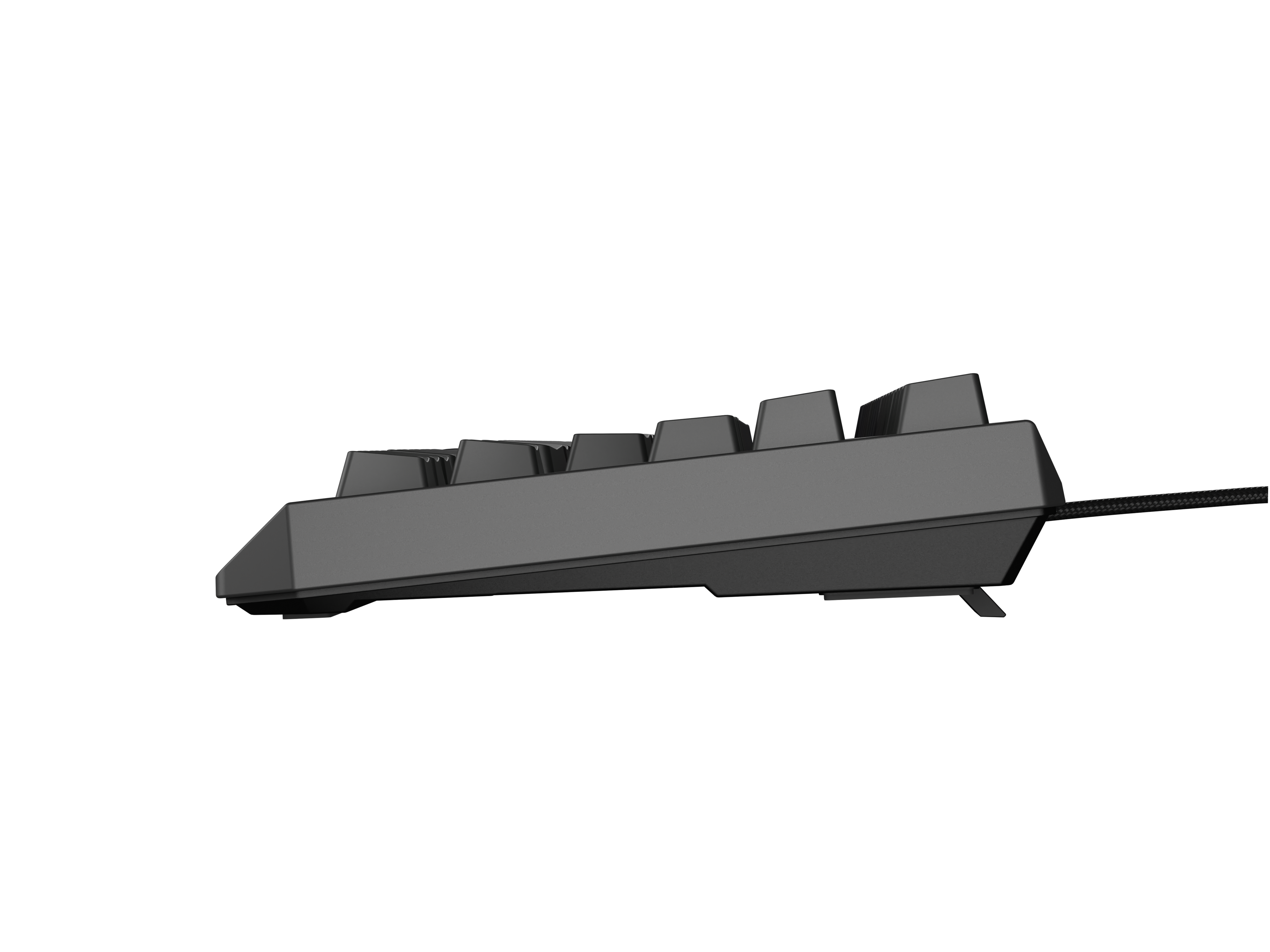 Szare klawiatura z kablem na czarnym tle, widok z boku.