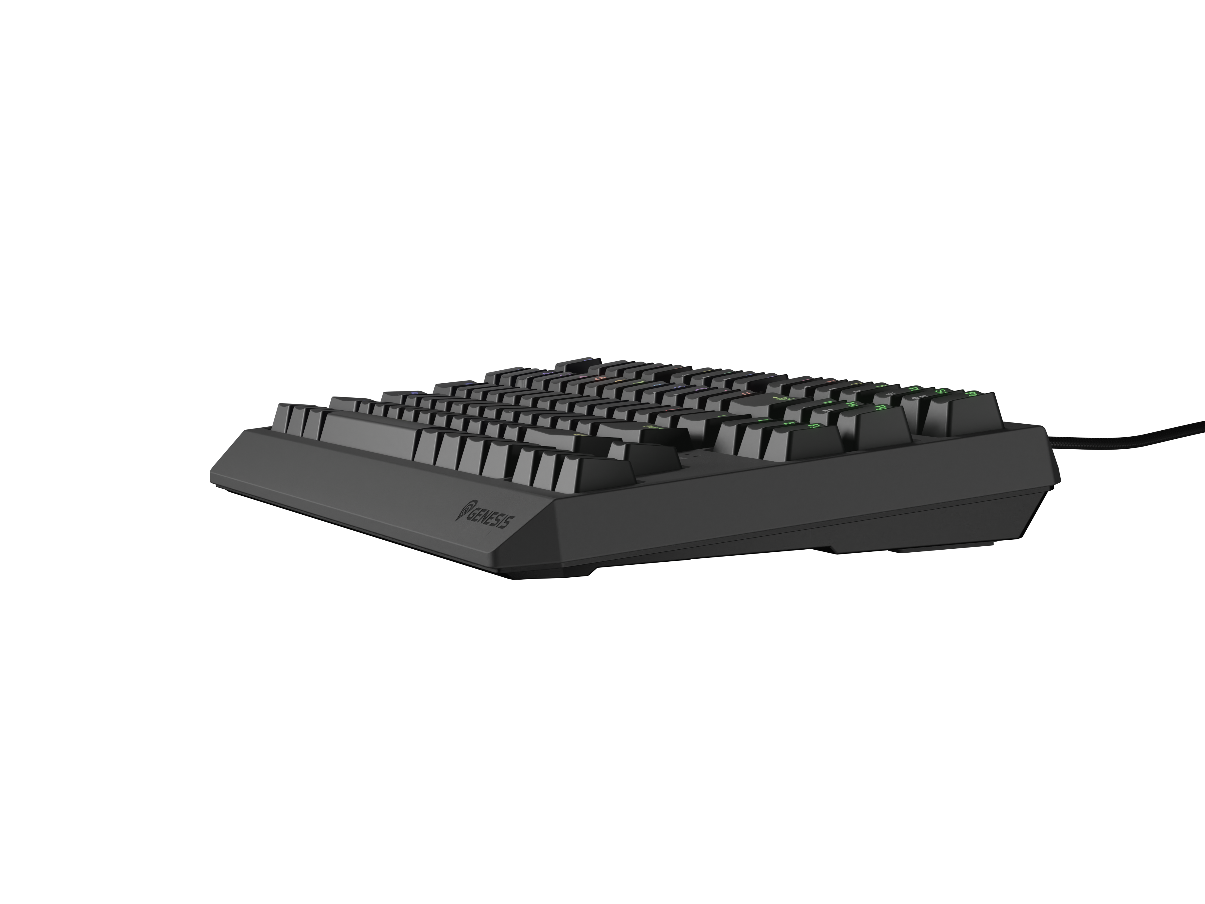 Czarna klawiatura z podświetlanymi klawiszami na czarnym tle.