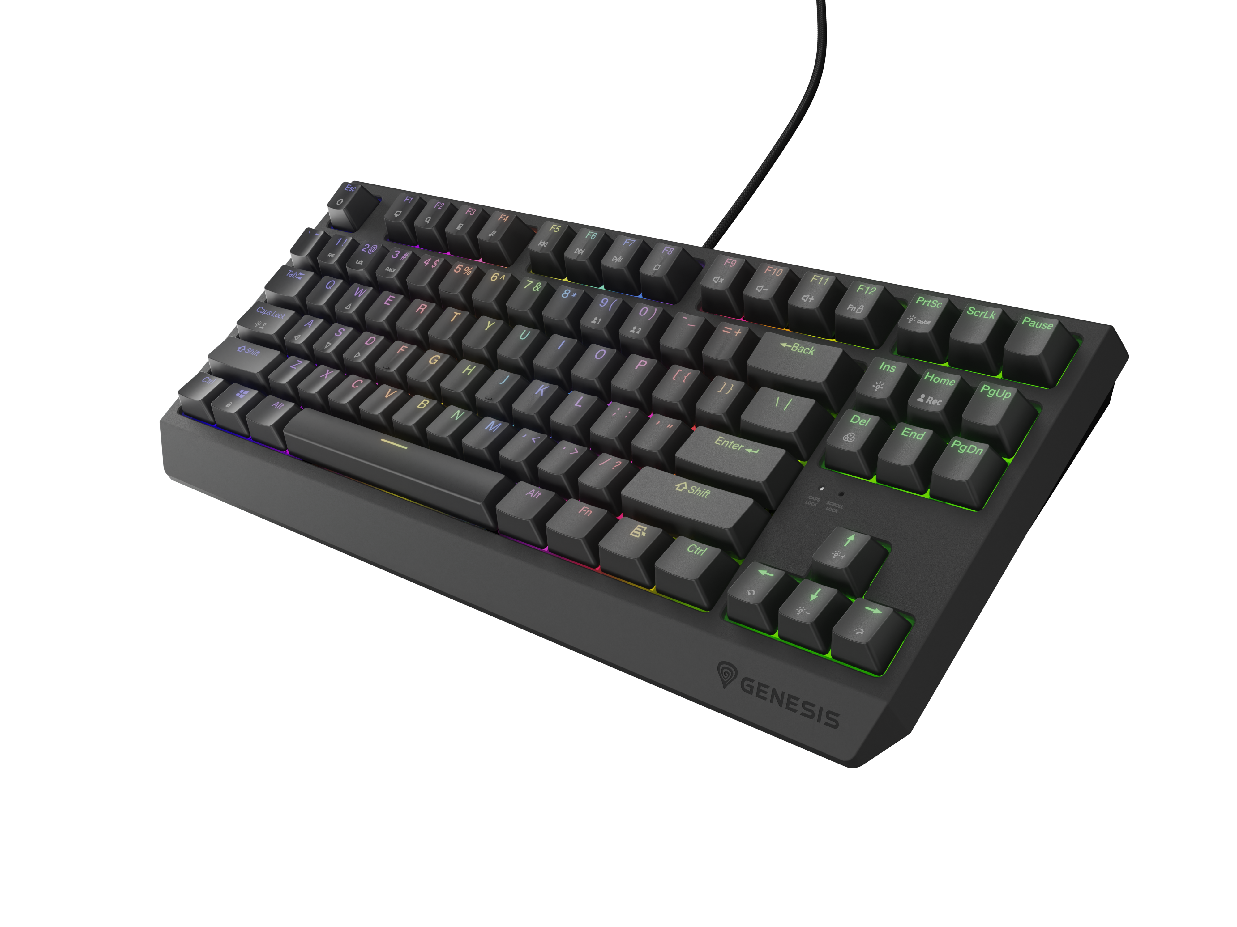 Czarna klawiatura gamingowa z podświetleniem RGB na czarnym tle.