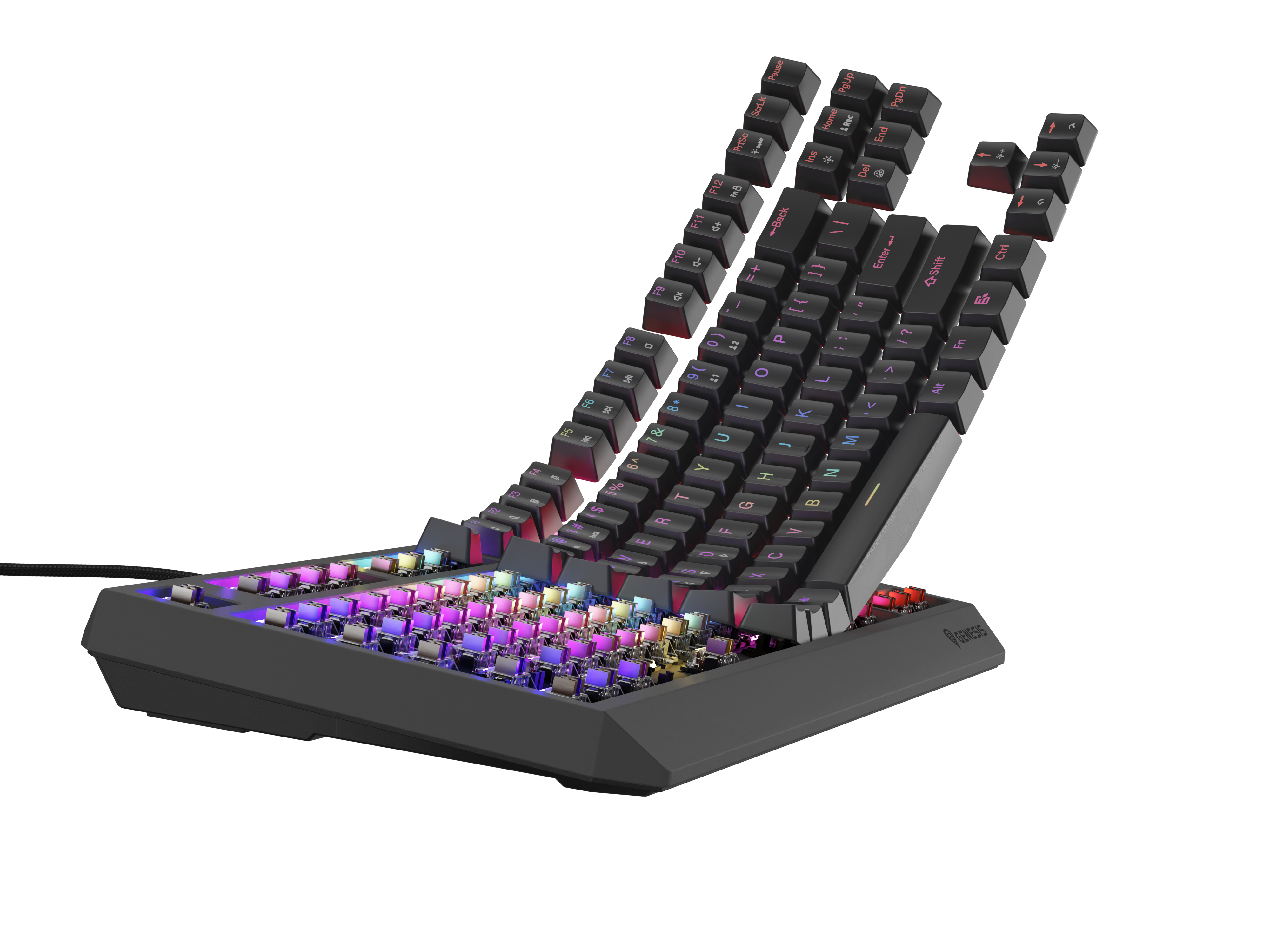 Szara, ergonomiczna klawiatura gamingowa z podświetleniem RGB na czarnym tle.