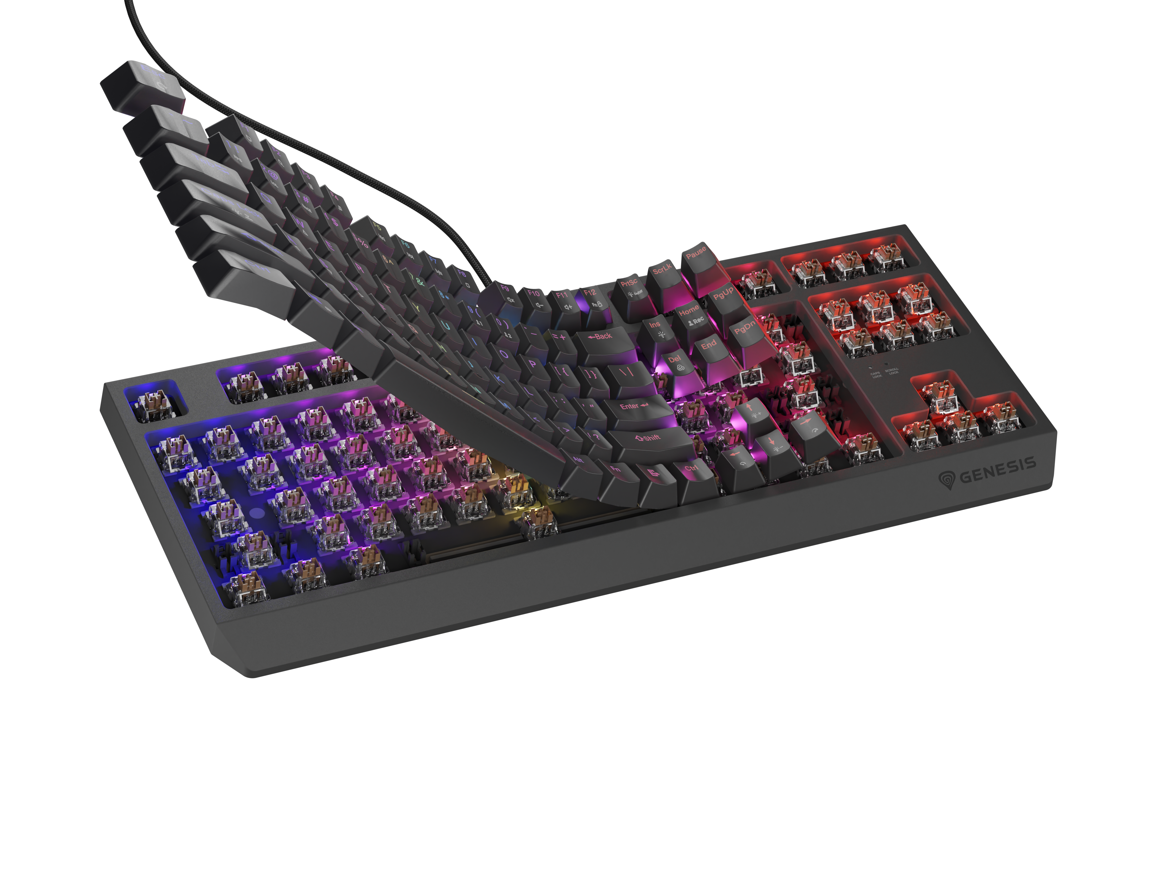 Wygięta czarna klawiatura z kolorowym podświetleniem na czarnym tle.