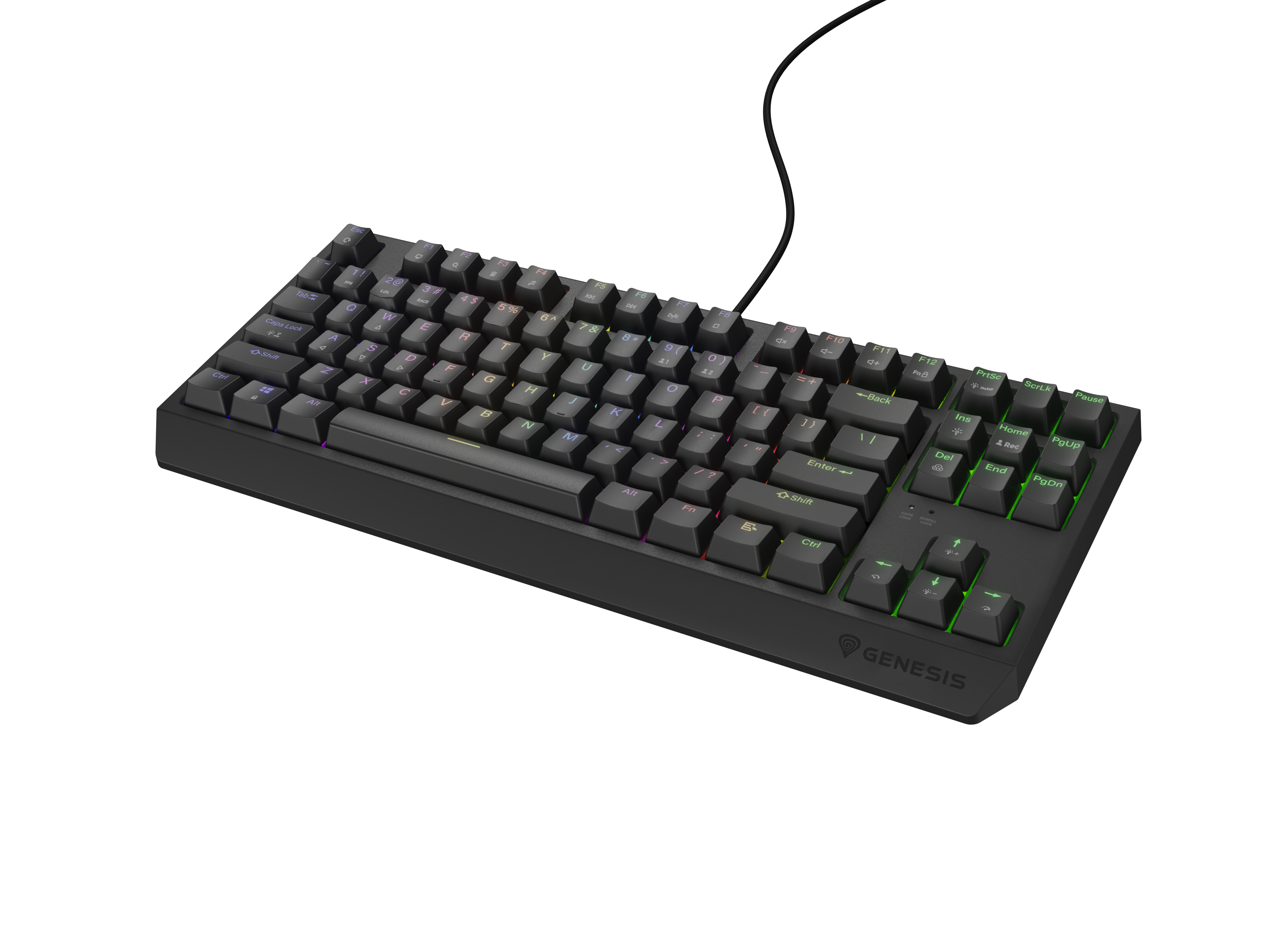 Czarna klawiatura przewodowa z podświetleniem RGB na czarnym tle.