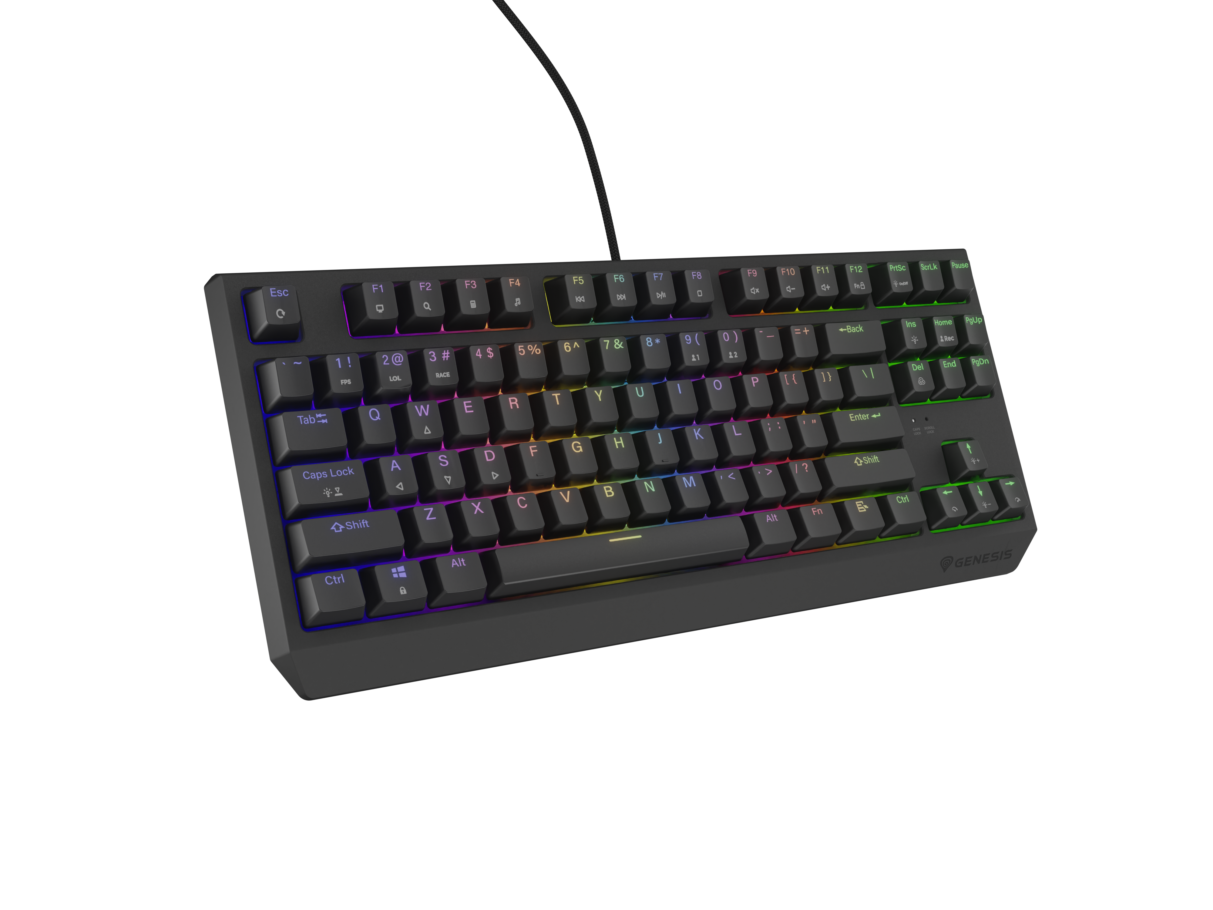 Ciemna klawiatura mechaniczna z podświetleniem RGB, widoczna na czarnym tle.