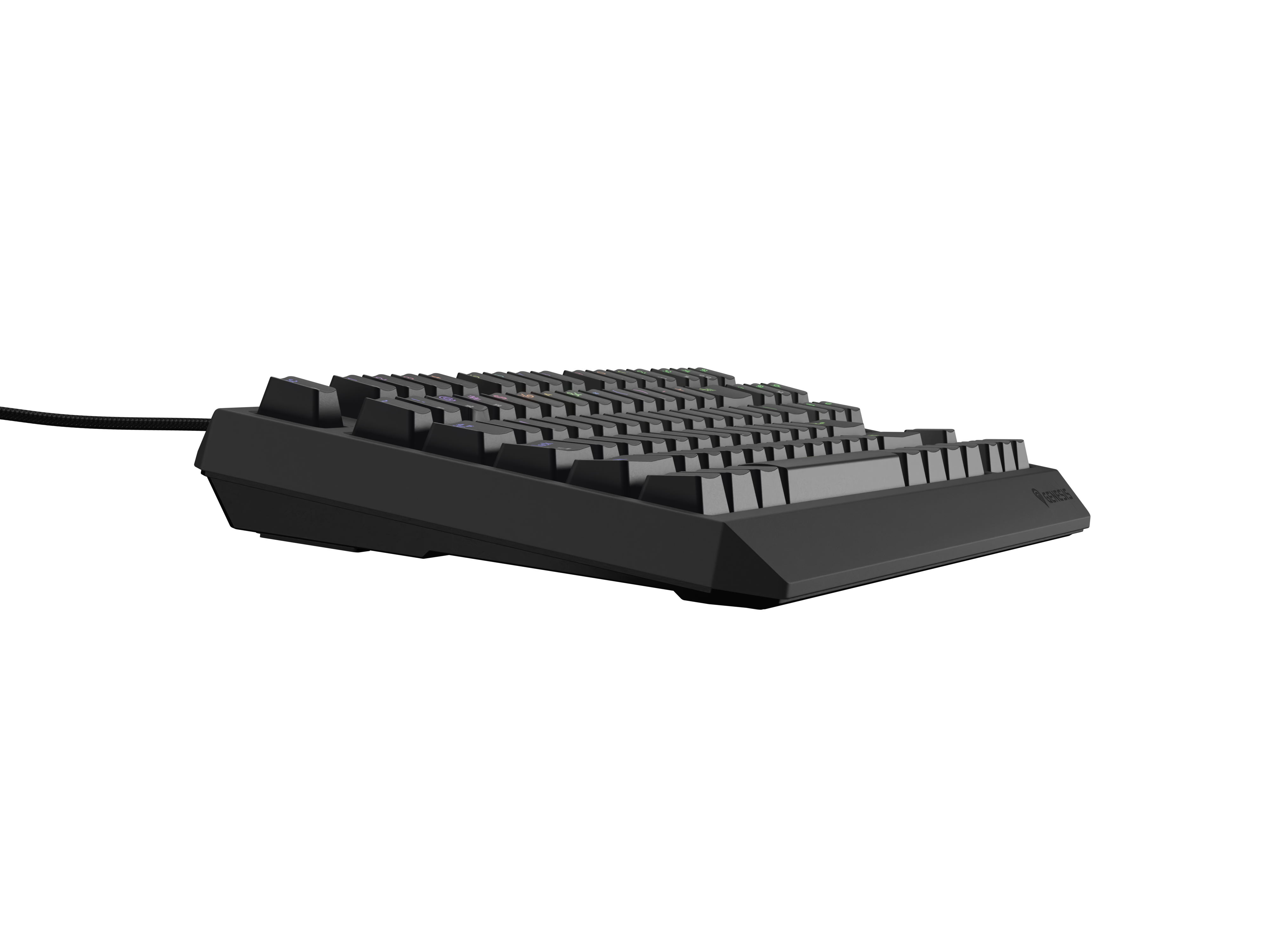 Czarna klawiatura z podświetlanymi klawiszami i logo po prawej stronie.