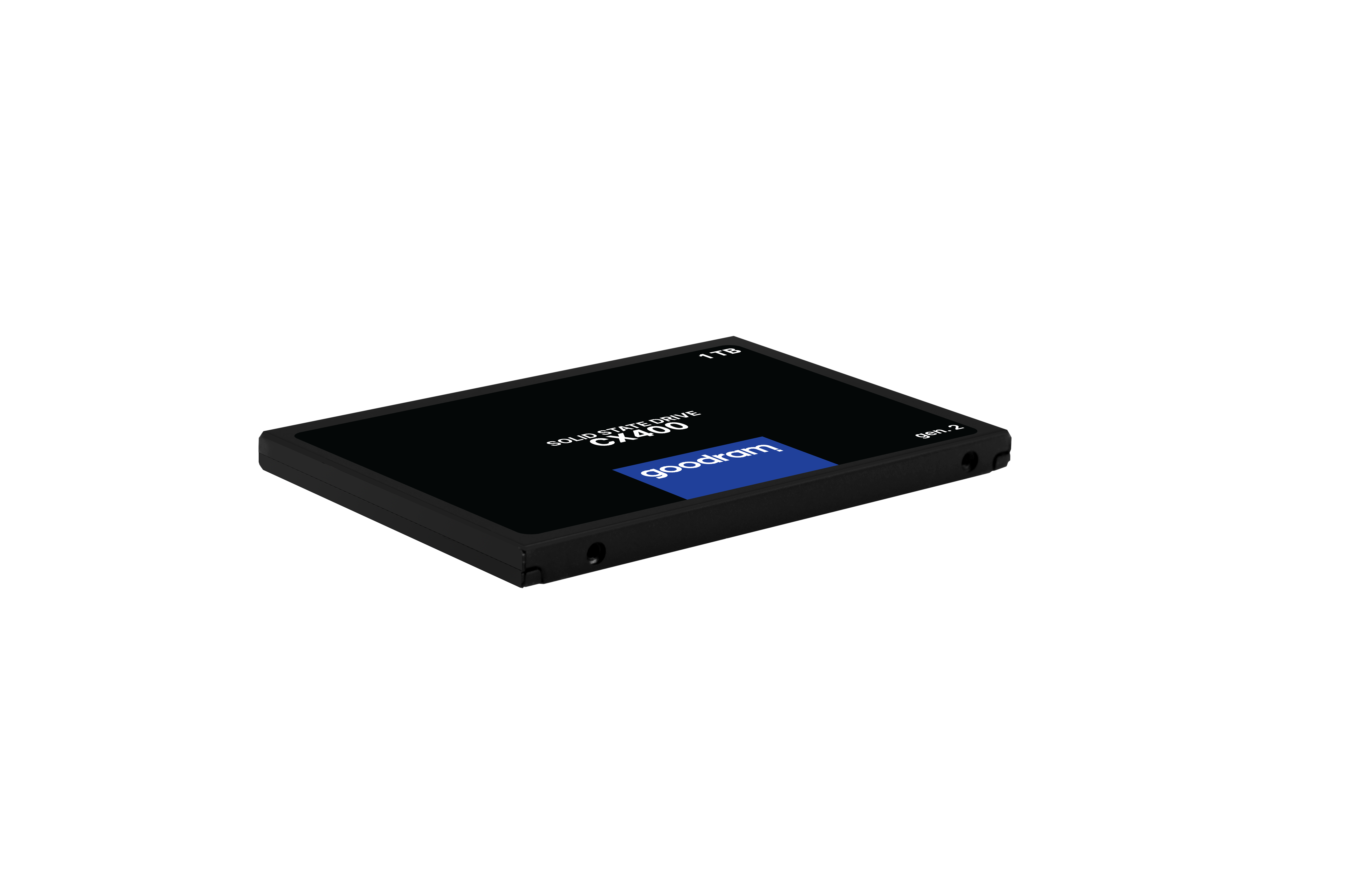 Czarny dysk SSD Goodram CX400 1 TB, format Gen.2, z niebieskim logo.