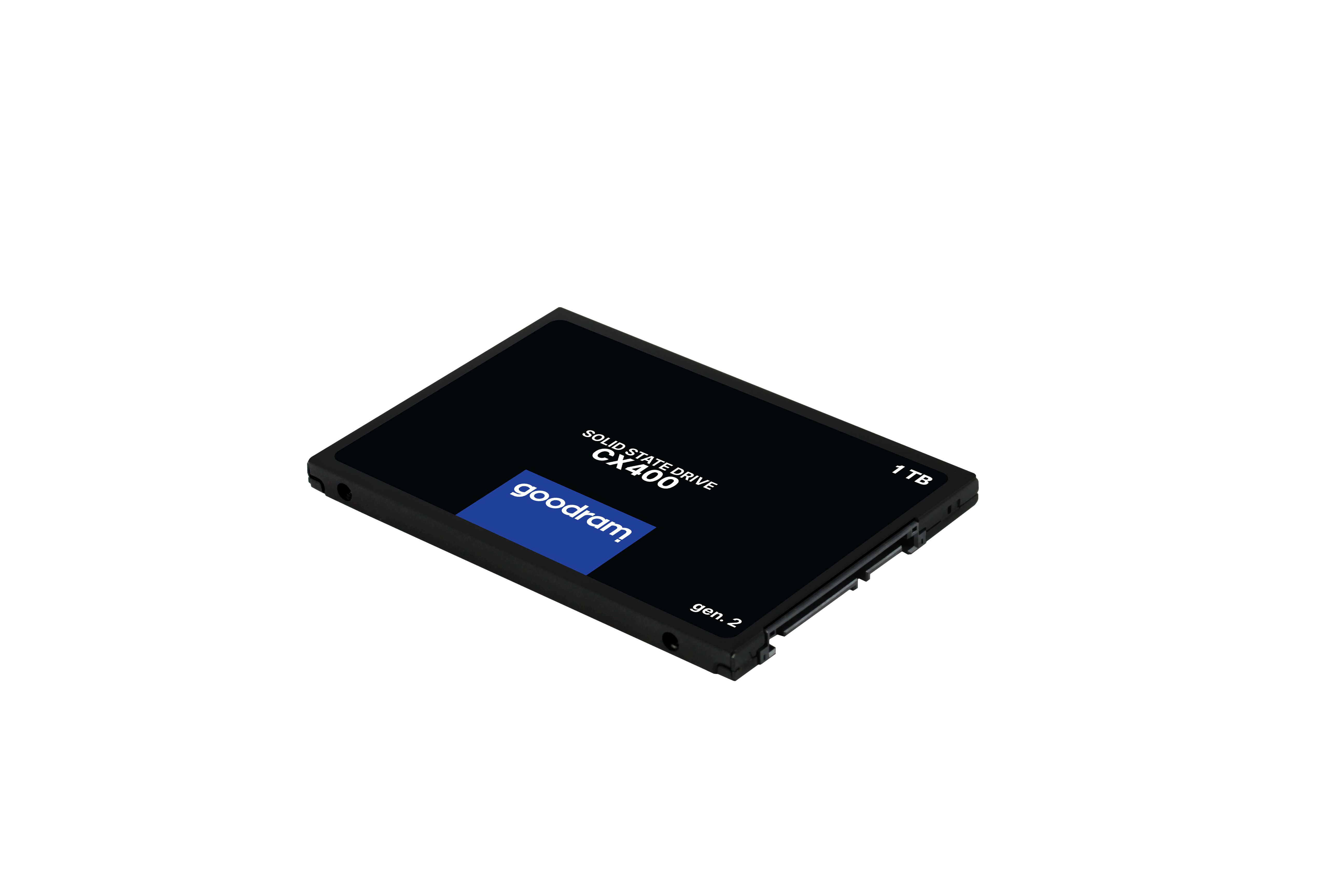 Czarny dysk SSD Goodram CX400 1 TB, Gen. 2, na czarnym tle.