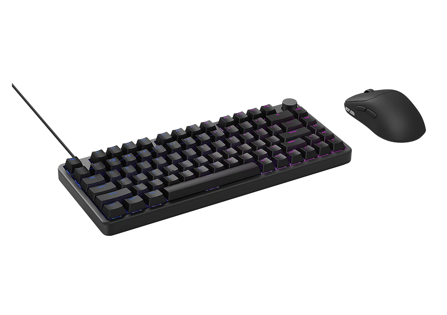 Czarna klawiatura z niebieskim i fioletowym podświetleniem oraz czarna mysz.