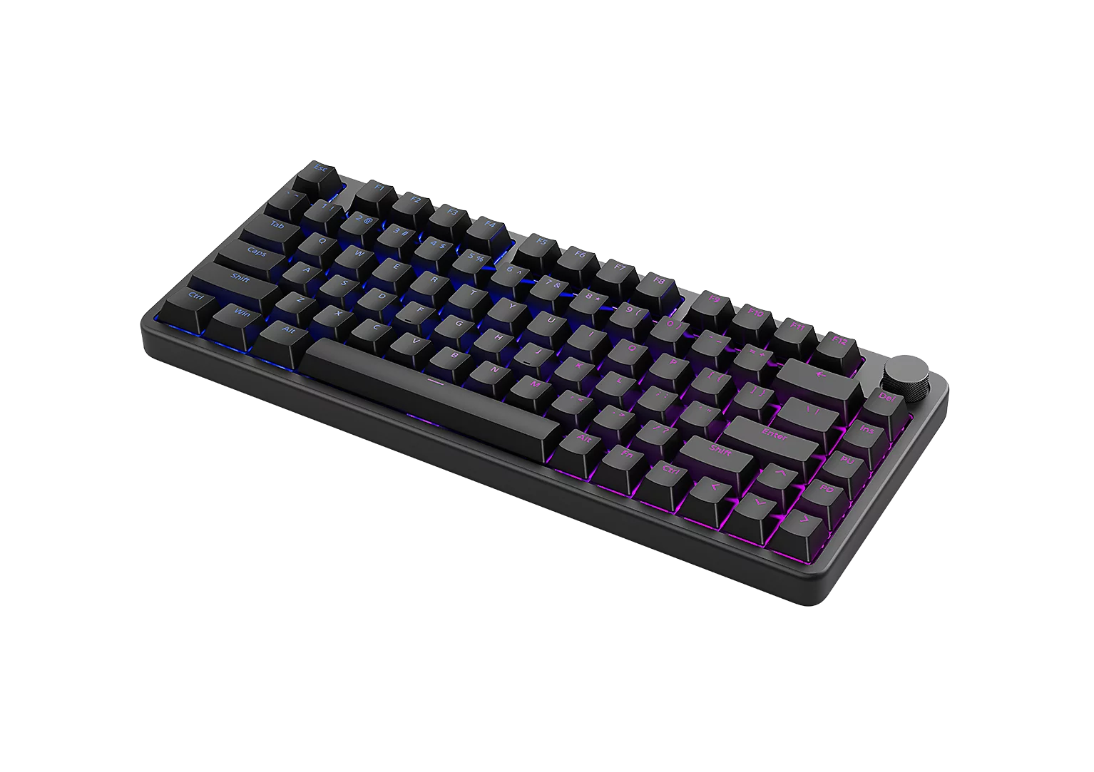 Czarna klawiatura mechaniczna z podświetleniem RGB w odcieniach niebieskiego i fioletu.