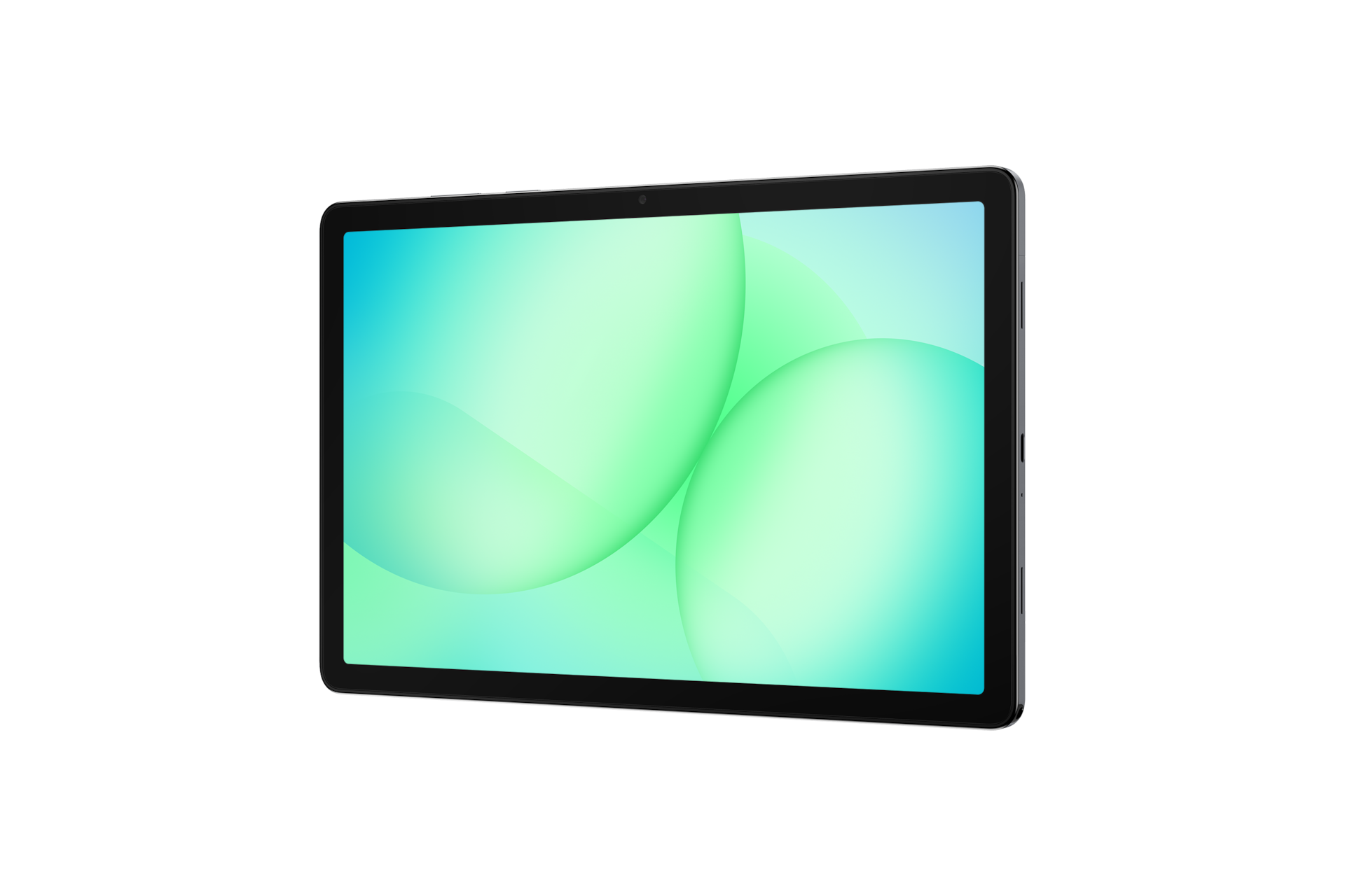 Ciemny tablet z jasnym, turkusowym ekranem i zielonymi bąbelkami.