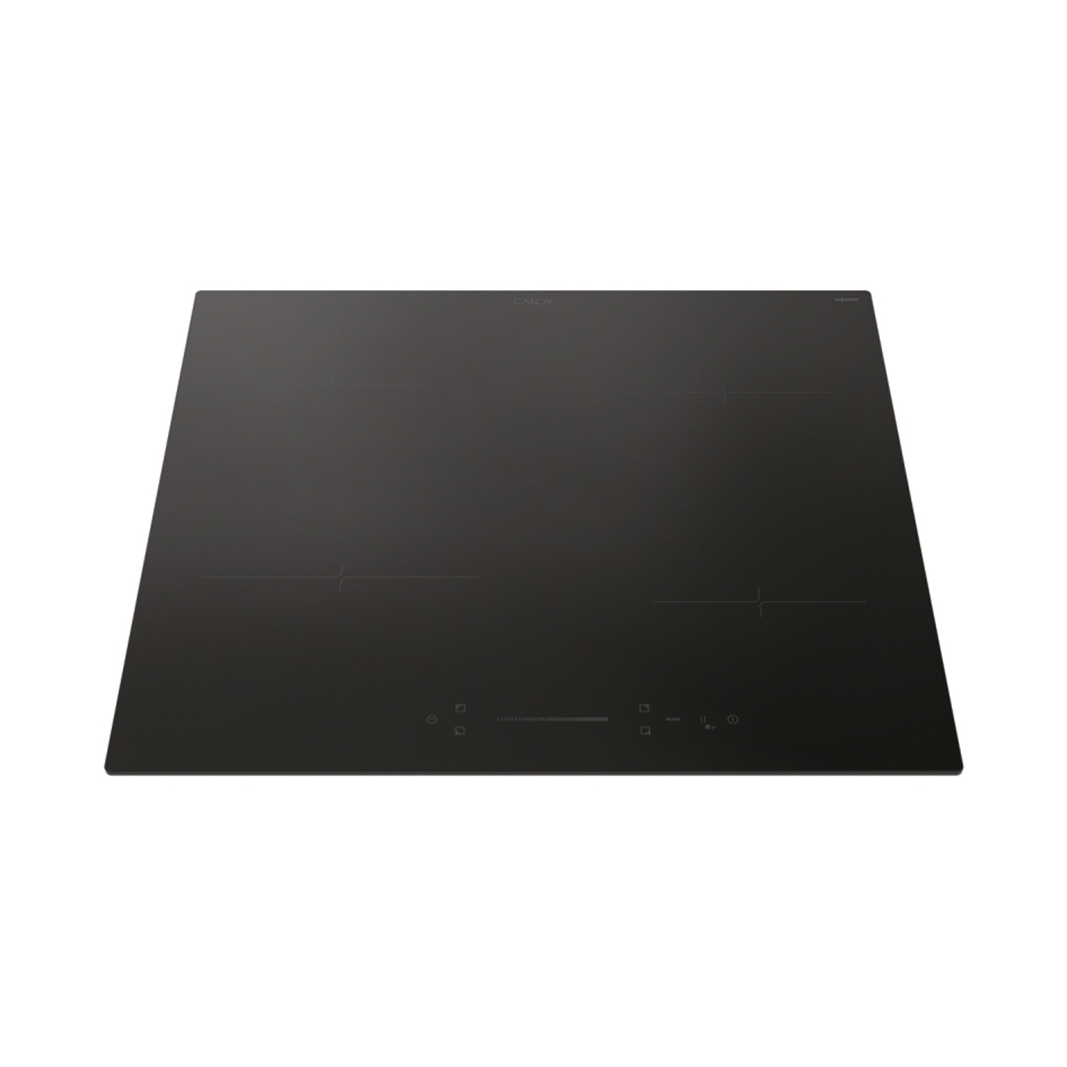 Piano cottura a induzione nero con quattro zone di cottura e controlli touch.