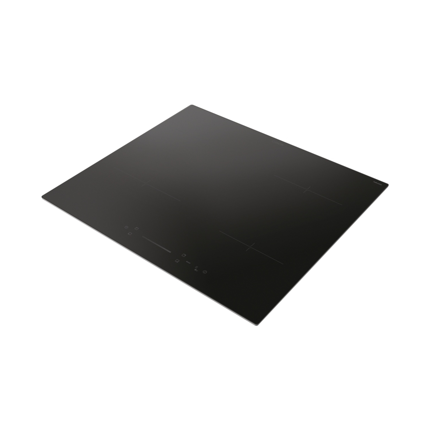 Un piano cottura a induzione nero con pannello touch e quattro zone cottura.