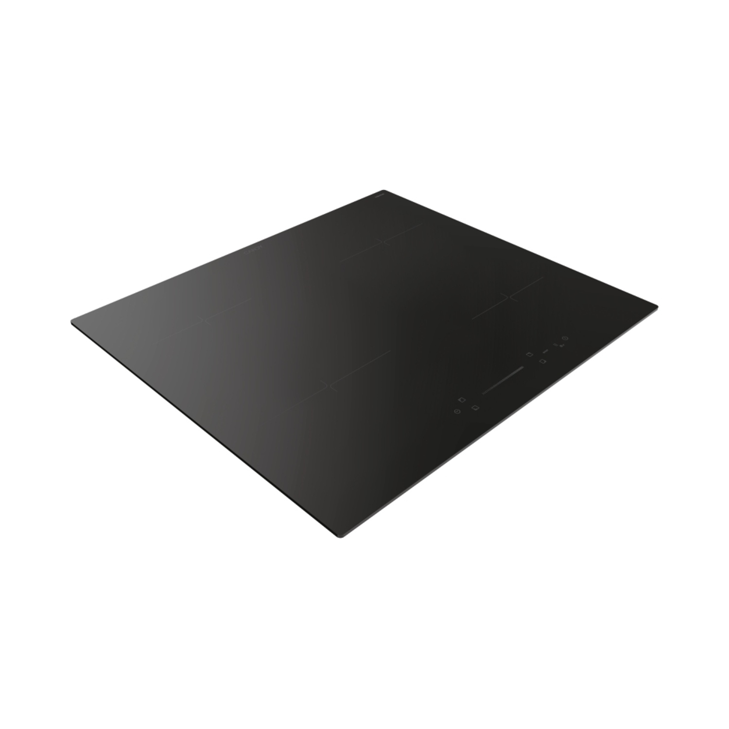 Piano cottura a induzione nero con comandi touch, su sfondo bianco.