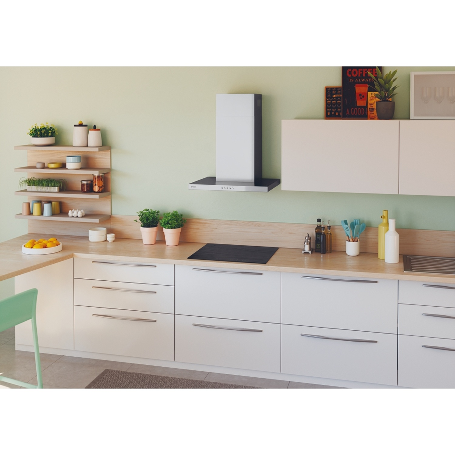 Cucina moderna con mobili bianchi, piani di lavoro in legno e cappa.