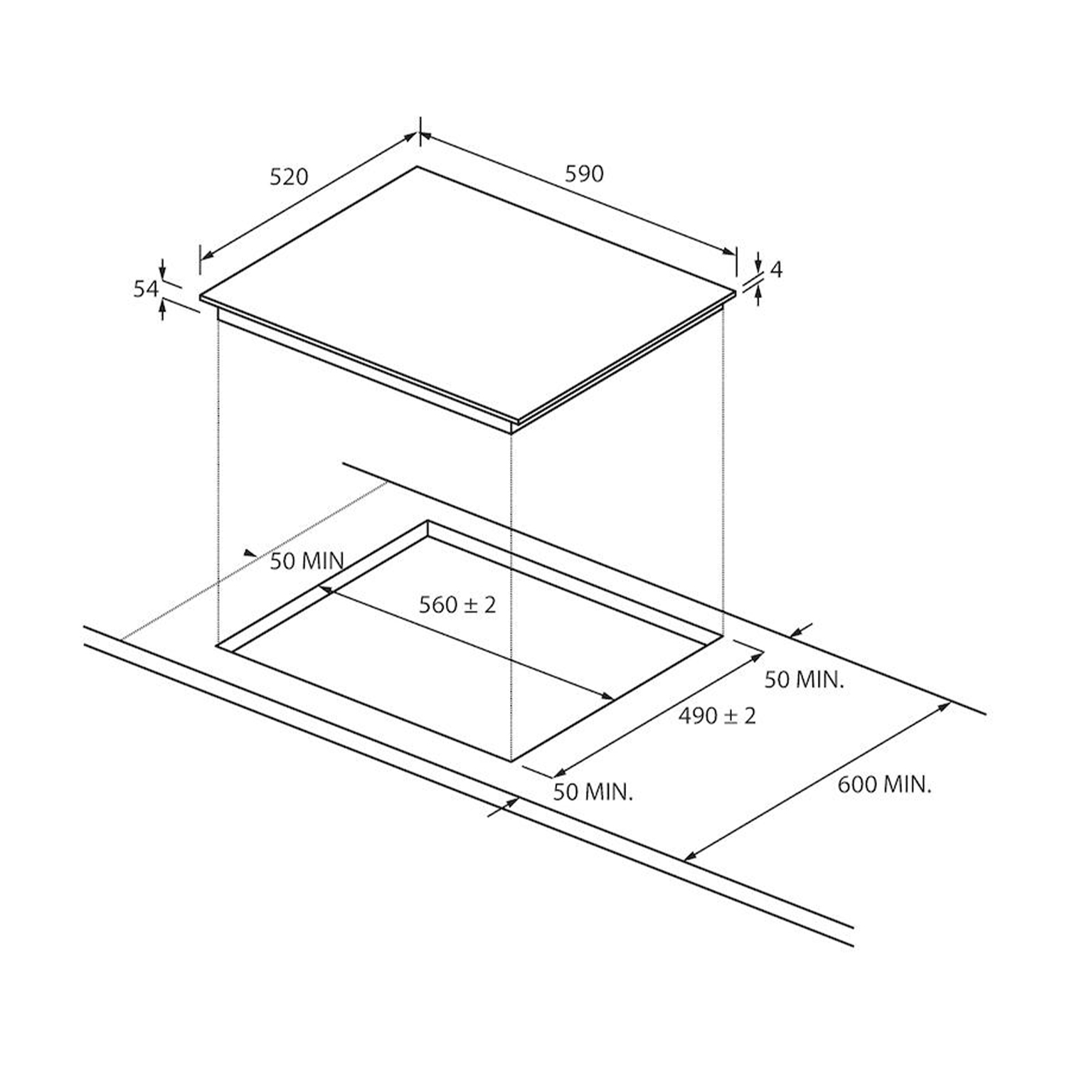 Disegno tecnico con dimensioni per un piano cottura da incasso, 590x520 mm.