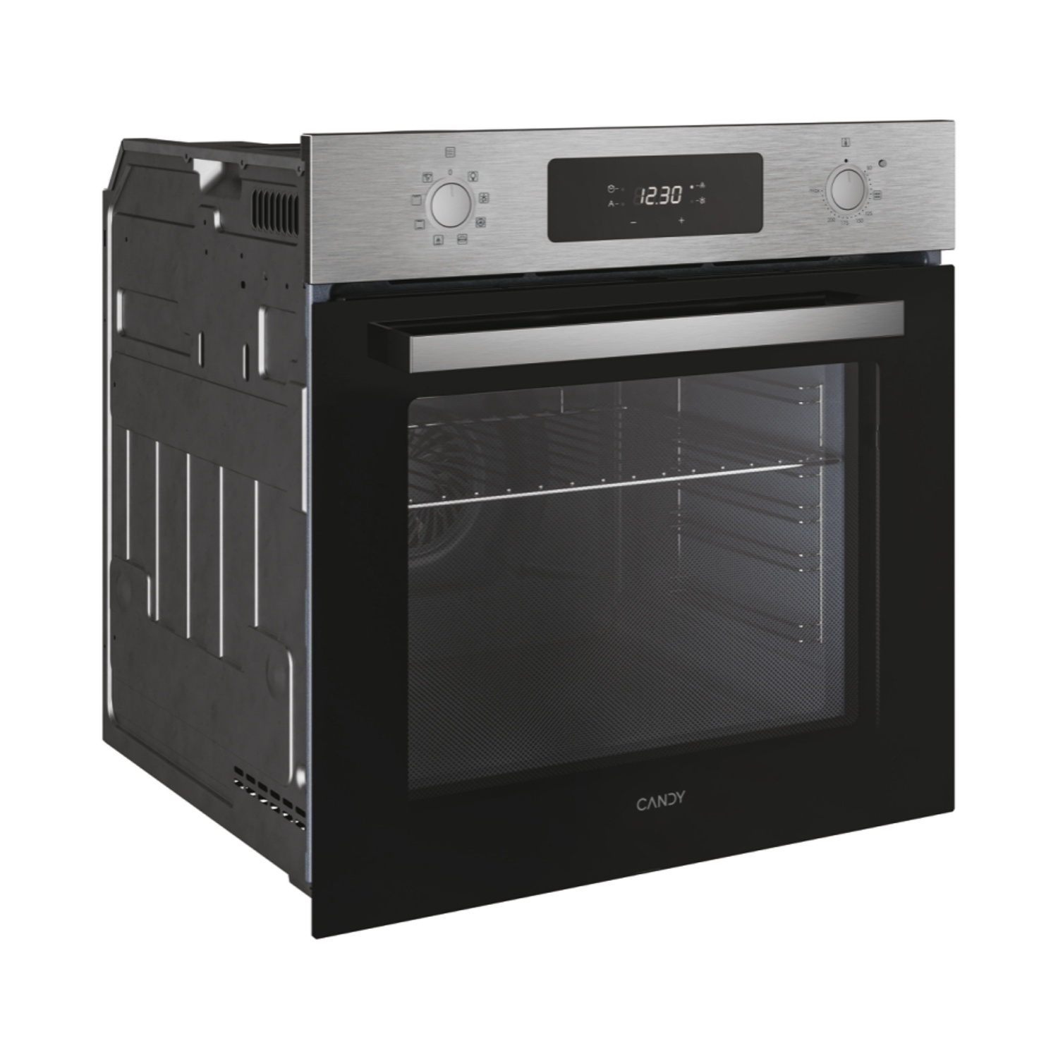 Un moderno forno da incasso Candy in acciaio inox e vetro nero con display digitale.