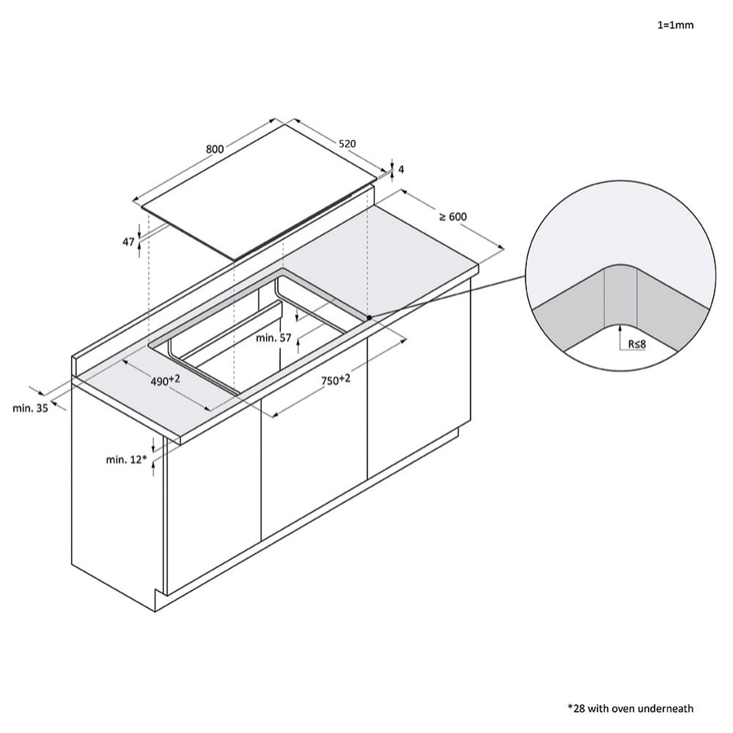 Disegno tecnico di un piano cottura con dimensioni di installazione.
