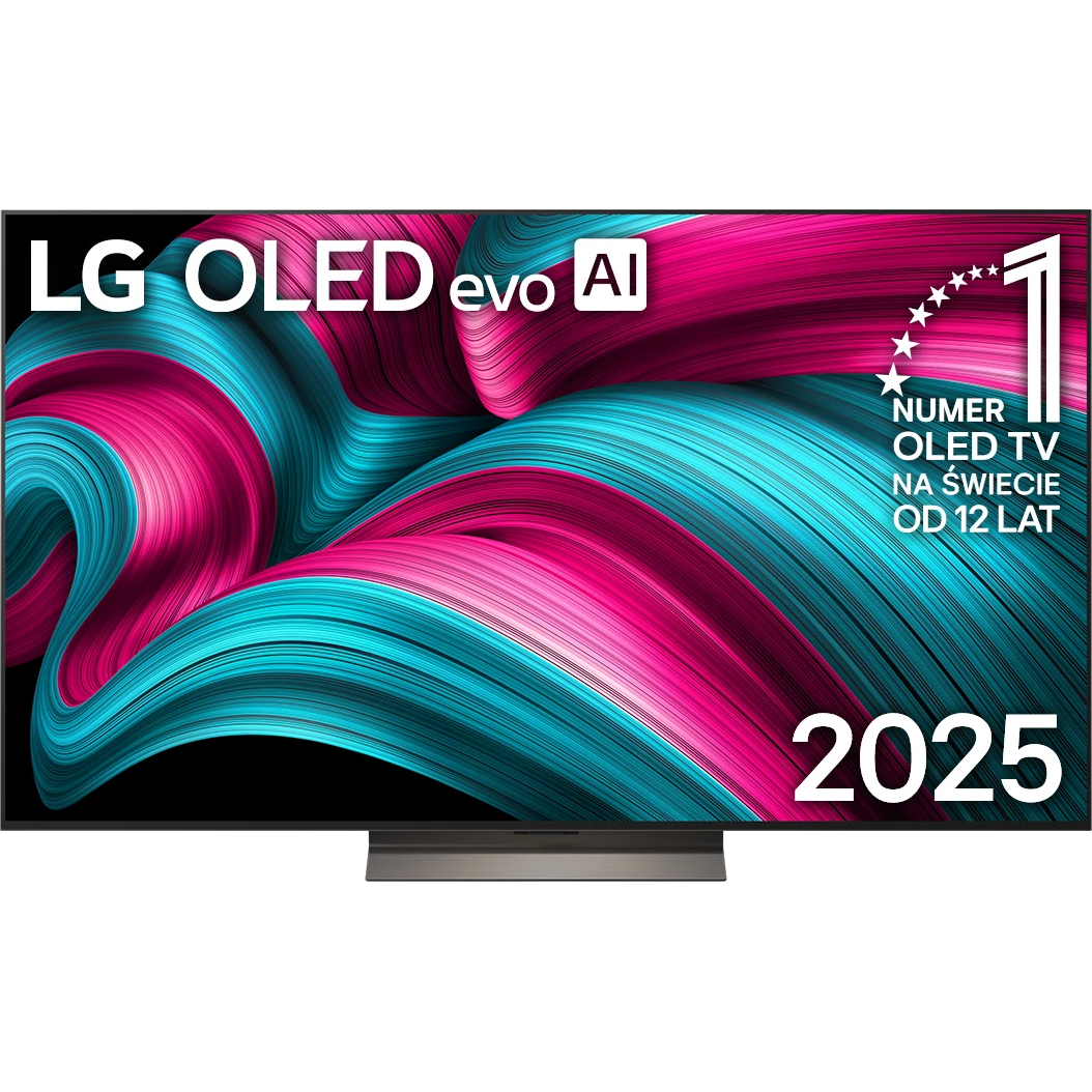 Telewizor LG OLED evo AI z abstrakcyjnym wzorem fal różowo-turkusowym, 2025