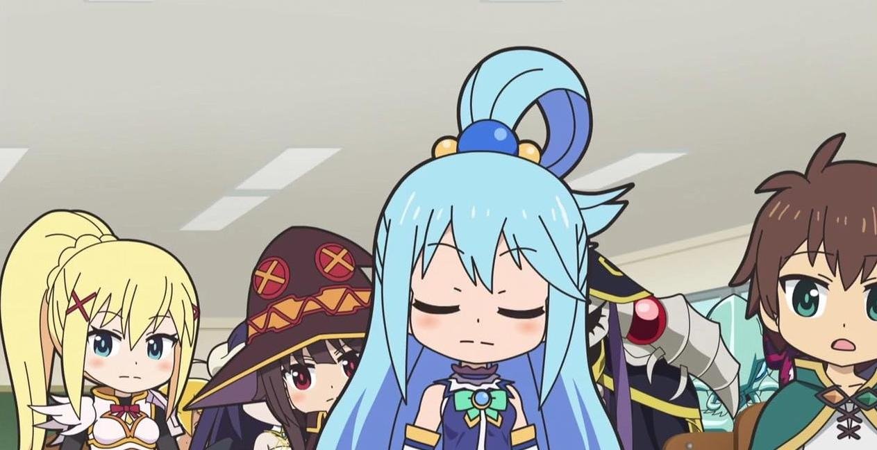 Fünf Anime-Charaktere stehen nebeneinander, Aqua im Vordergrund.