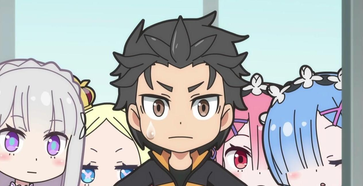 Fünf Anime-Charaktere, die sich in der Mitte versammeln, mit Subaru im Vordergrund.