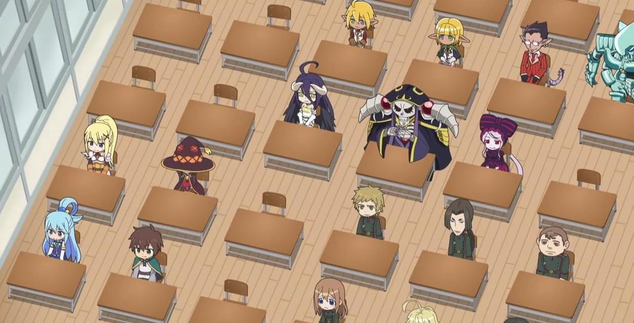 Anime-Charaktere sitzen an Schreibtischen in einem Klassenzimmer.