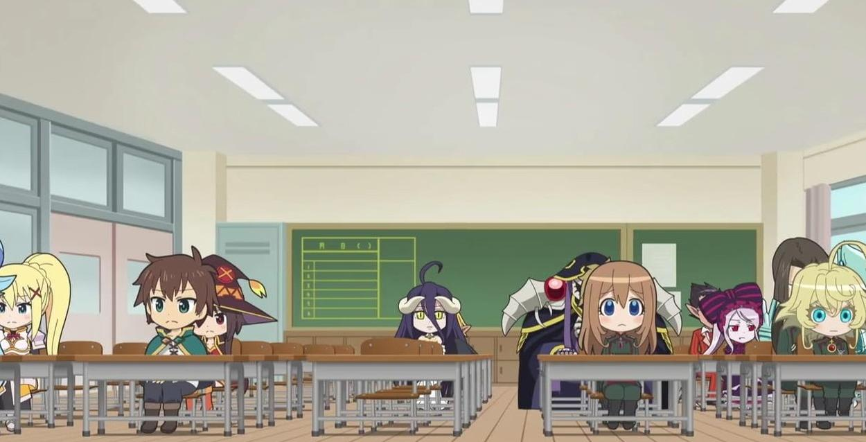 Chibi-Charaktere sitzen in einem Klassenzimmer vor Schultischen.