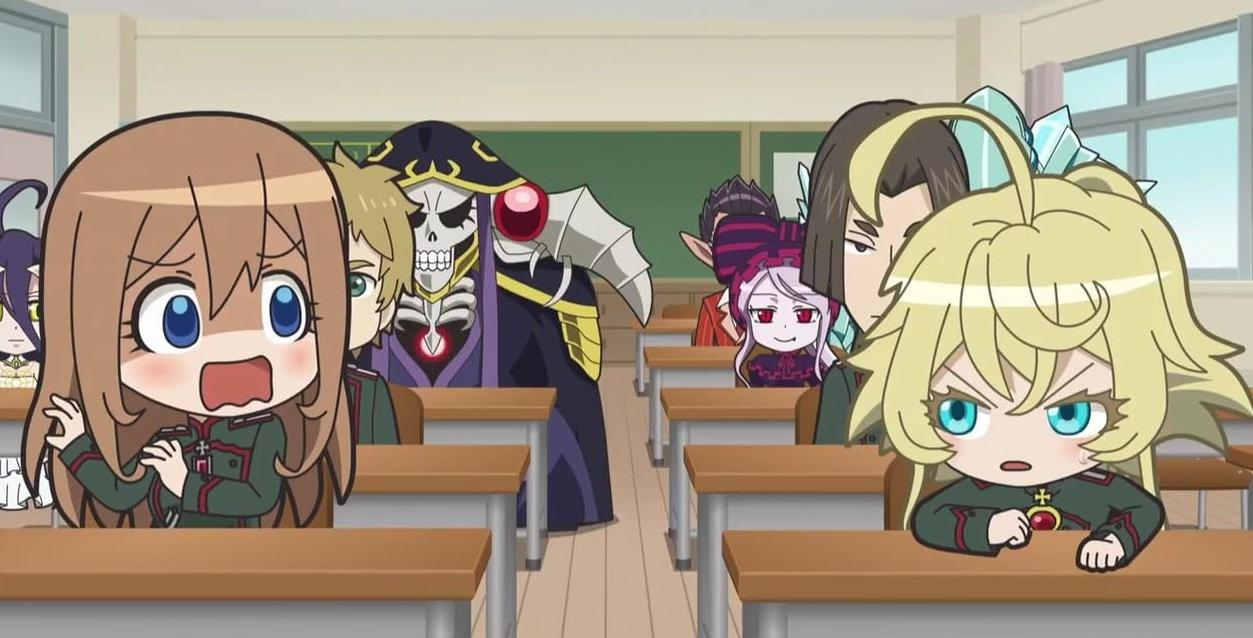 Anime-Charaktere in einem Klassenzimmer mit Schultischen und einer Tafel.