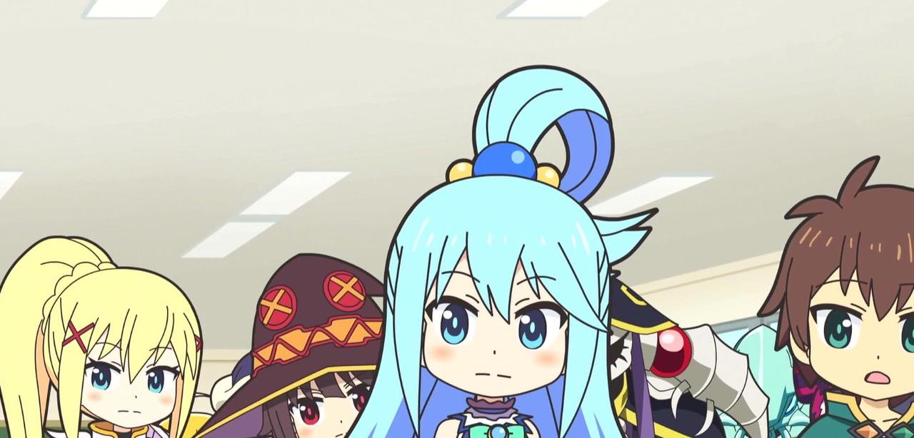 Anime-Figuren: eine blonde mit Pferdeschwanz, eine mit Hut, eine mit blauen Haaren und eine braunhaarige.