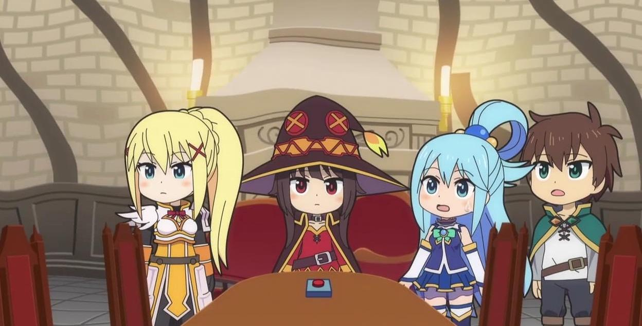 Vier Anime-Figuren in Chibi-Stil stehen hinter einem Tisch mit einem roten Knopf.